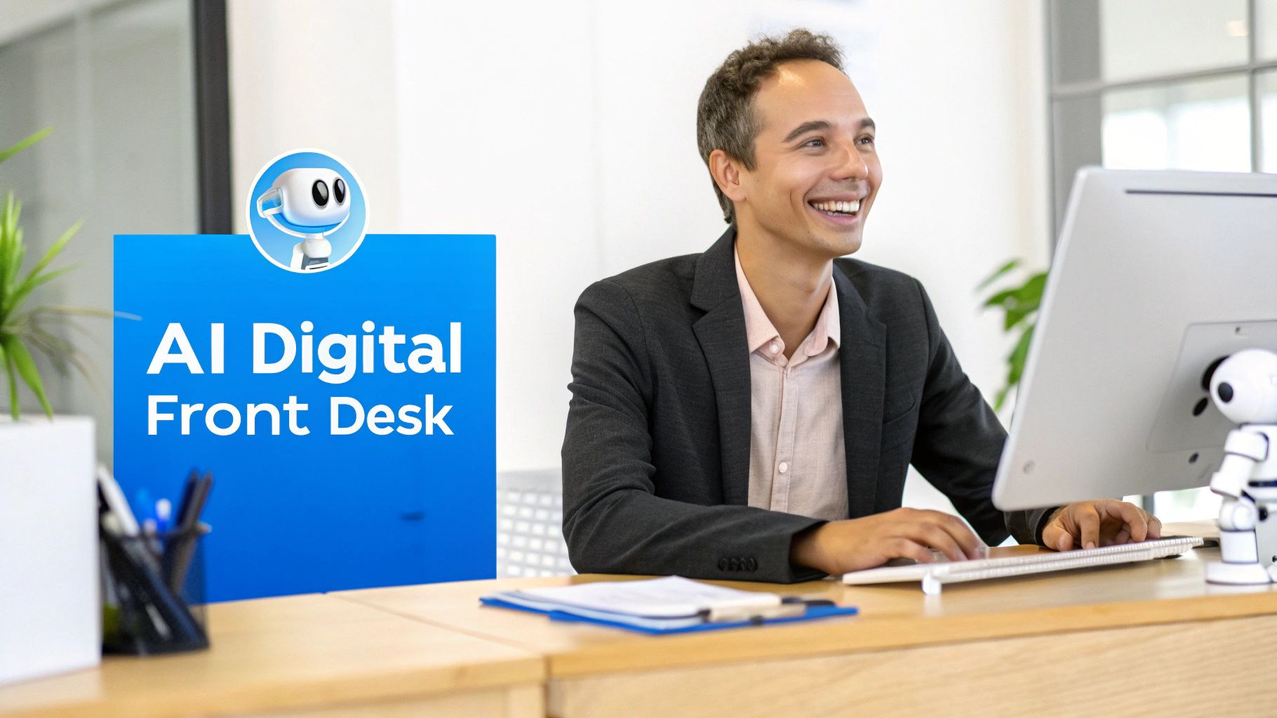 Smiling man using a computer at an office desk with an 'AI Digital Front Desk' sign and a small robot.