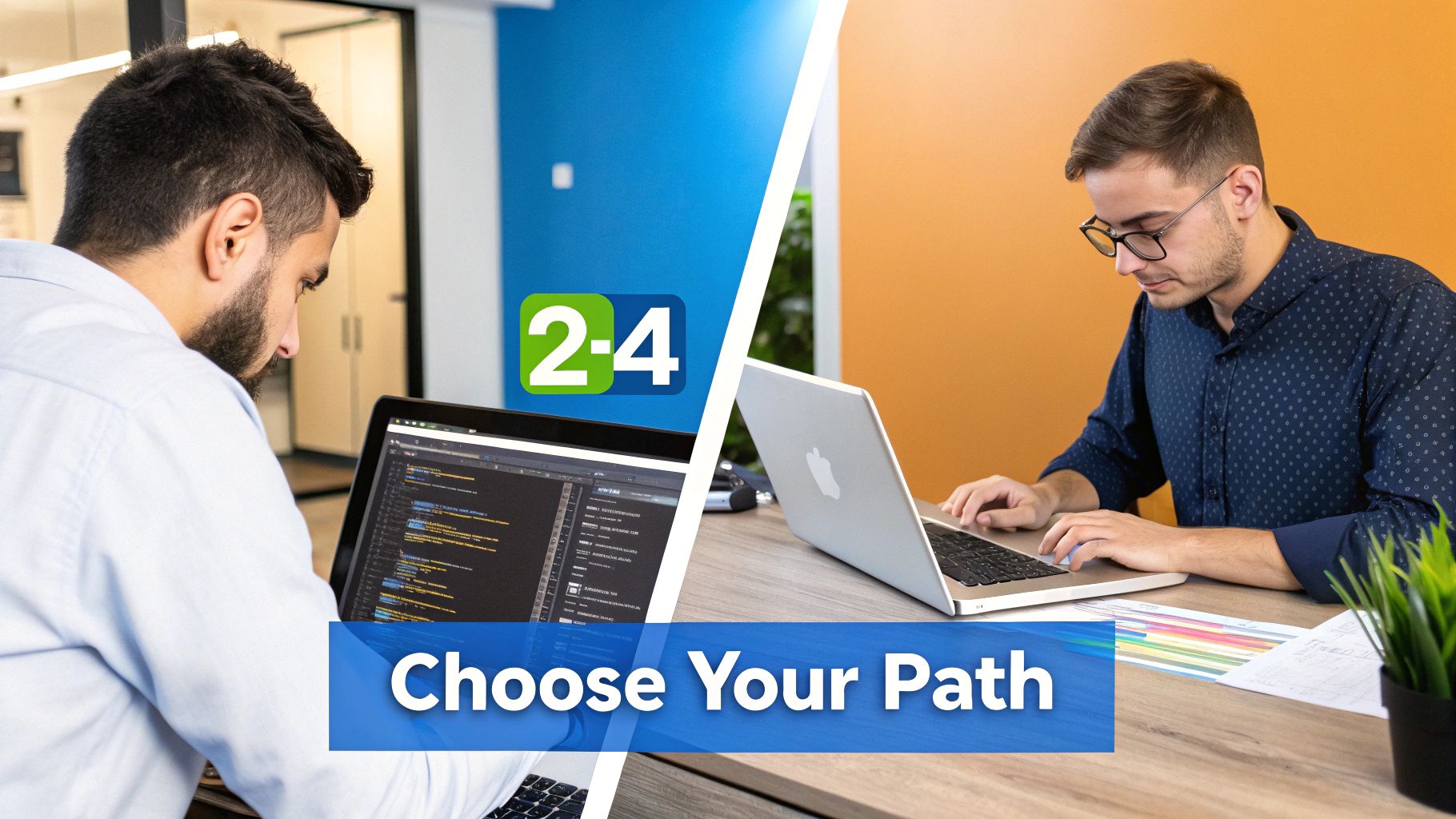 Split image of two developers working on laptops with code, charts, and 'Choose Your Path' text.