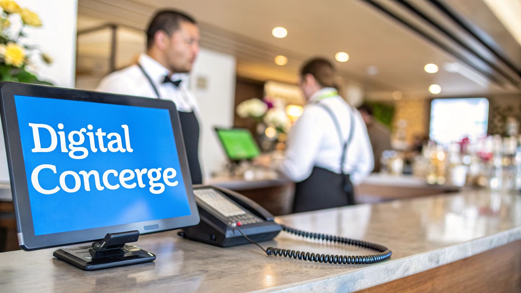 A digital concierge screen on a counter with staff in a modern restaurant or hotel lobby.
