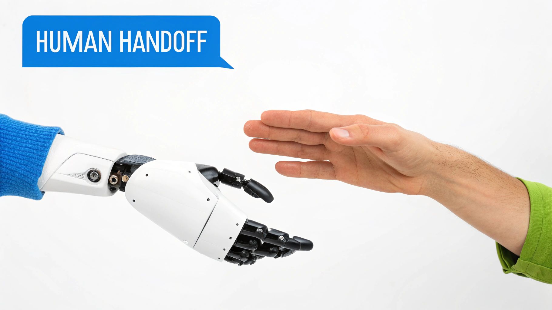 A robotic hand and a human hand reaching out, with a 'HUMAN HANDOFF' speech bubble.