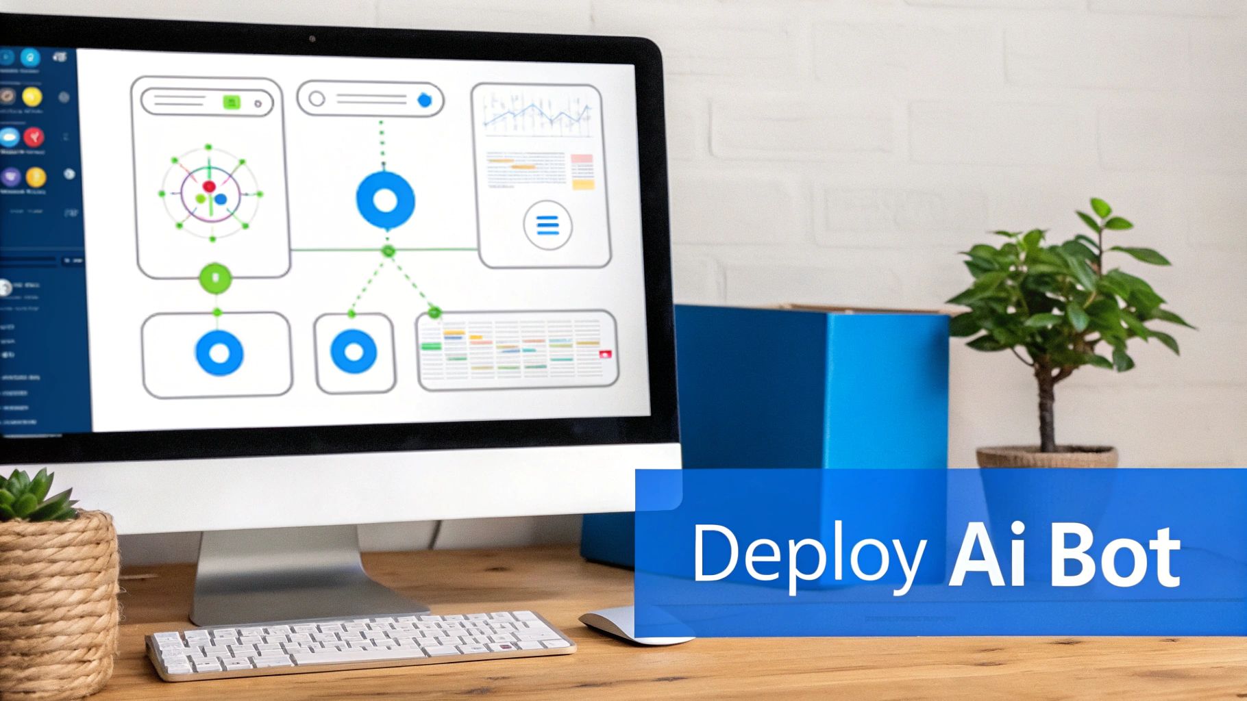 A computer screen shows a diagram for deploying an AI bot on a wooden desk with a keyboard and plants.