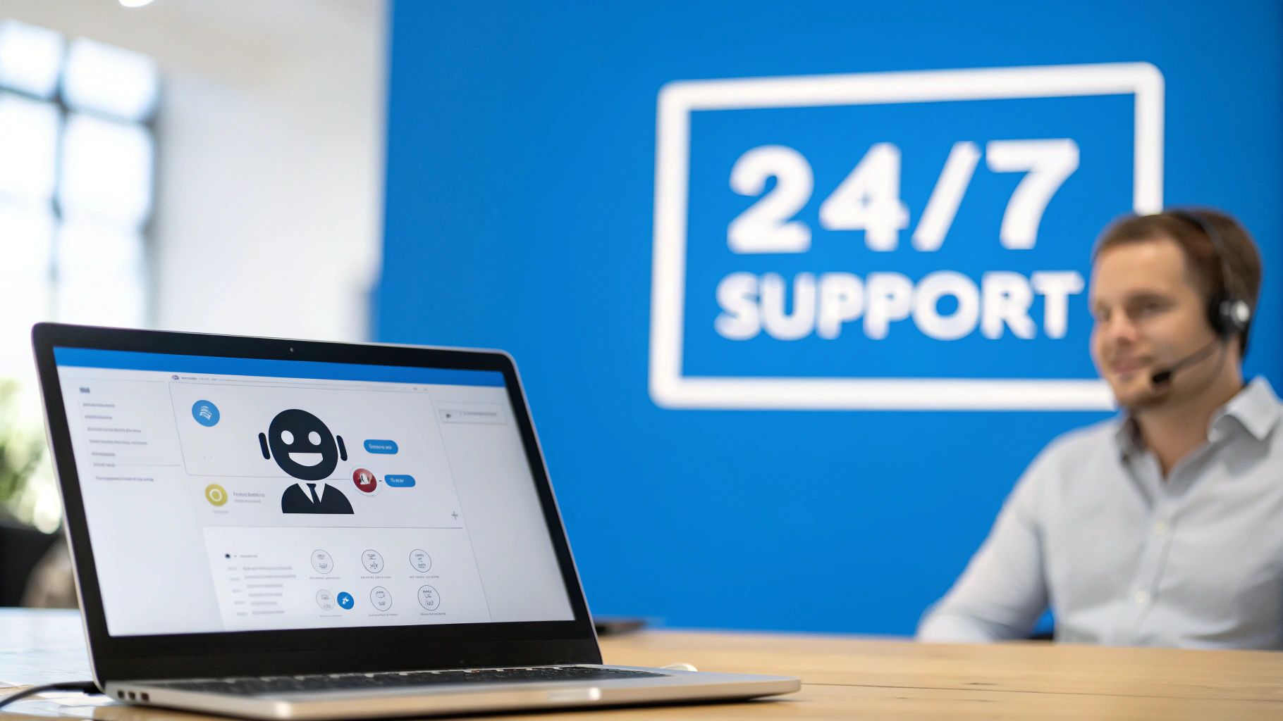Laptop displaying a chatbot interface for customer service, with a blurred man in a headset and '24/7 SUPPORT' sign in the background.
