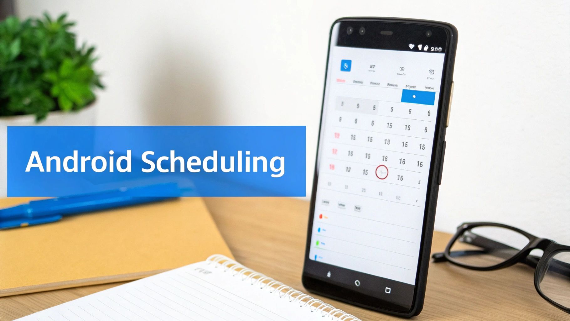 A smartphone displaying a scheduling app, a blue banner with 'Android Scheduling' text, pen, and notebooks.