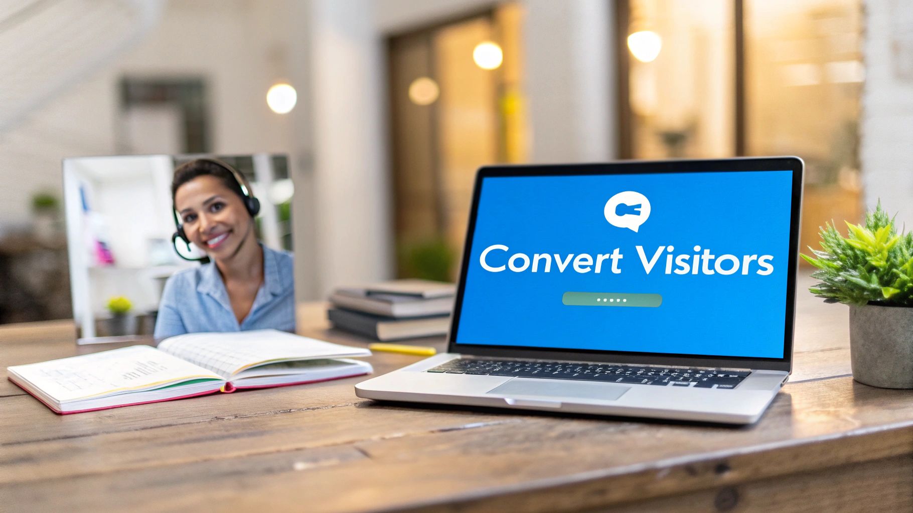 A person on a video call, and a laptop displaying 'Convert Visitors' with a chat icon.