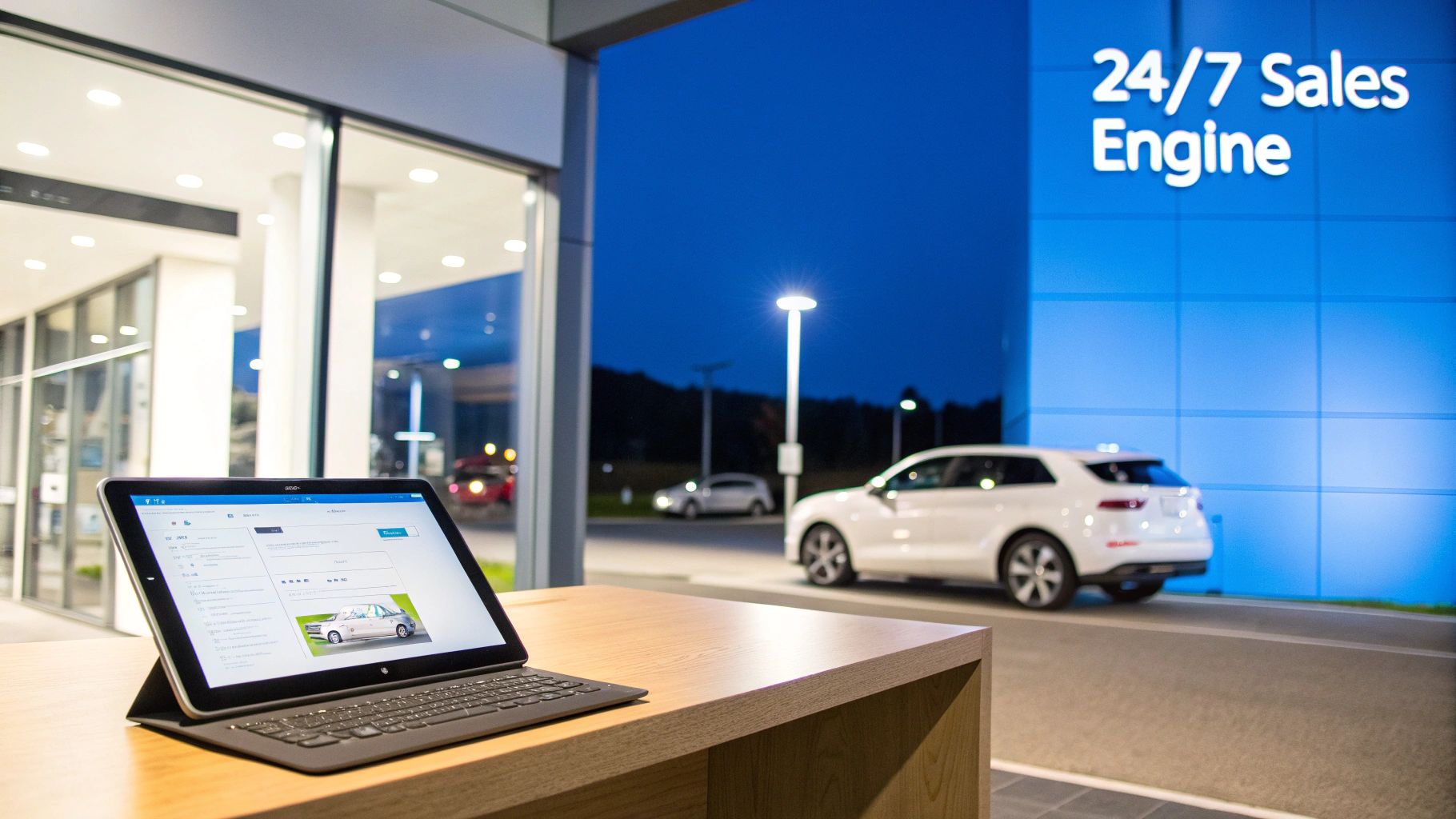 Modern car dealership at night with a tablet showing an online sales platform and an SUV.