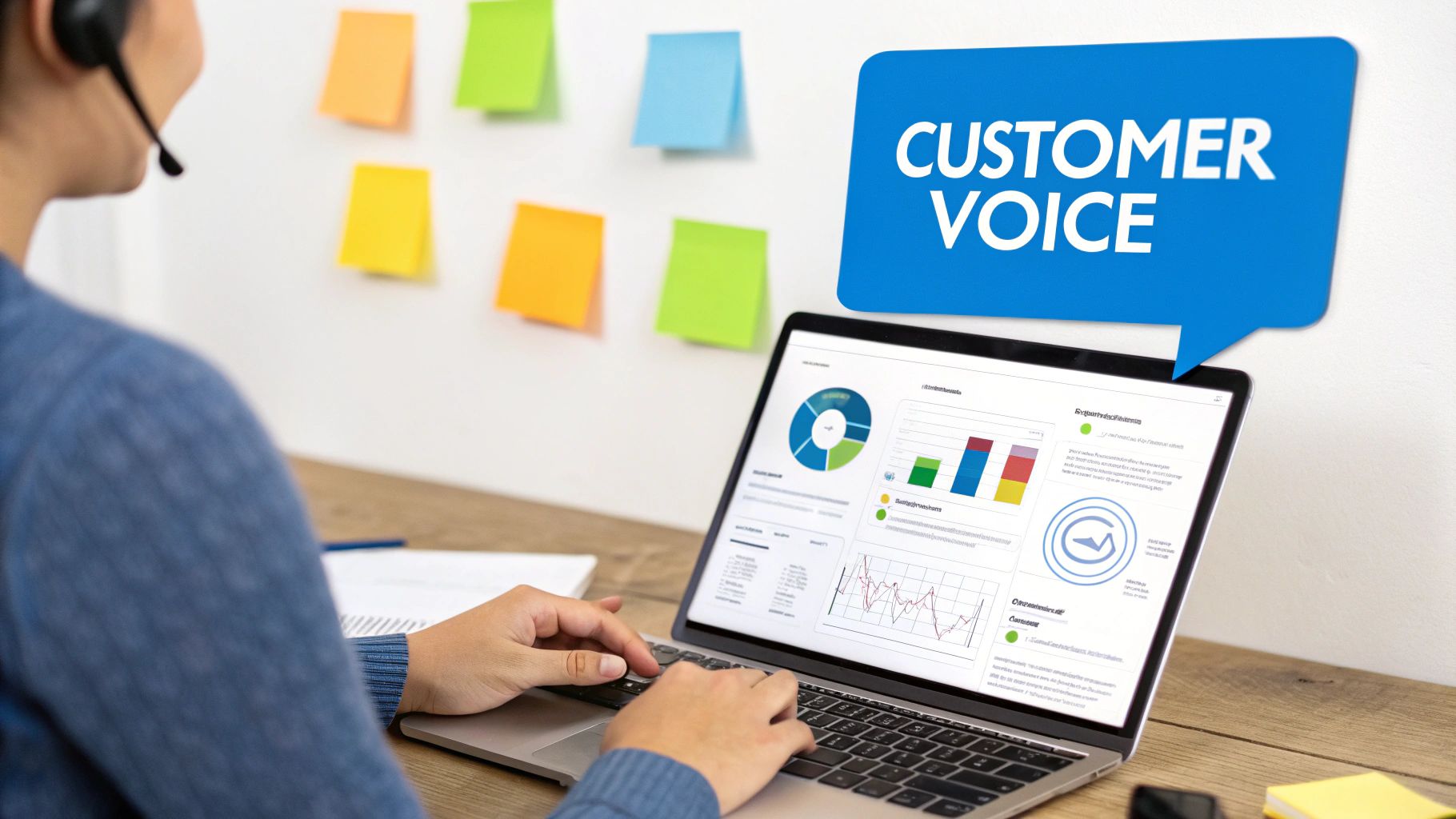 Person with headset analyzes customer voice data on a laptop with charts and graphs.