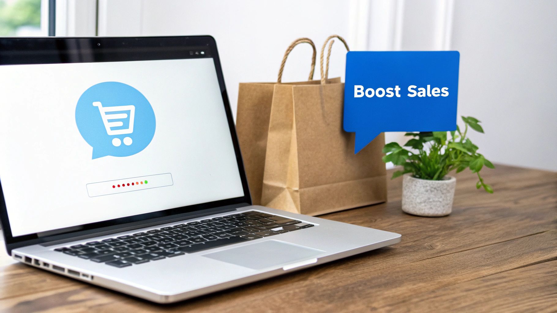 A laptop screen shows a shopping cart icon, beside a paper bag and a 'Boost Sales' message, symbolizing e-commerce.