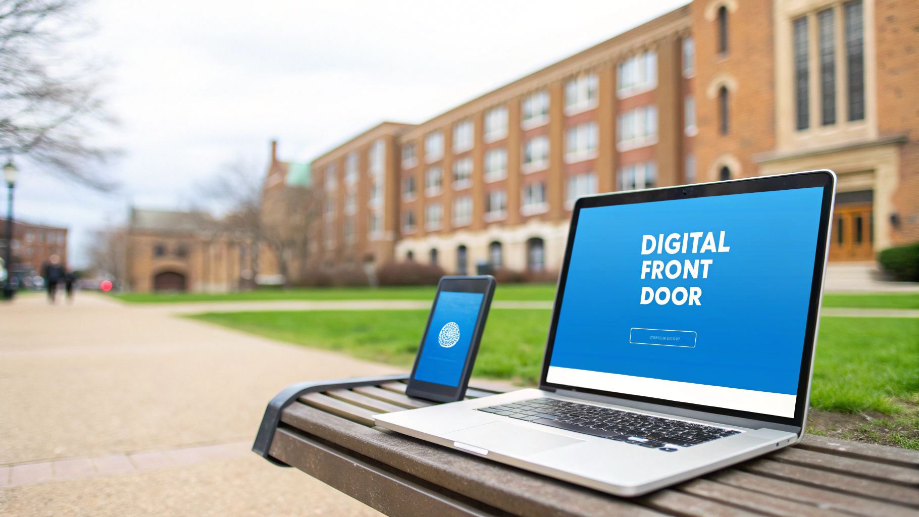 Laptop and smartphone on a bench display 'Digital Front Door' and biometric login at a university.