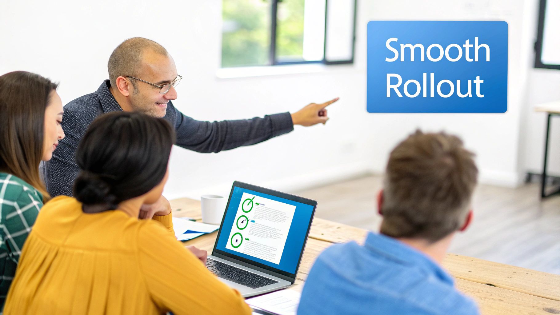 A man points to a "Smooth Rollout" sign during a team meeting with a laptop displaying charts.