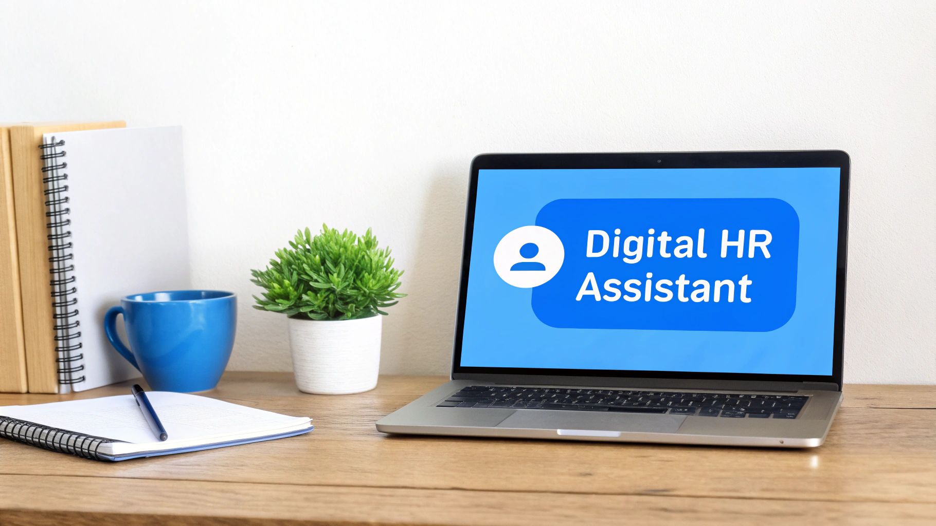 A friendly robot assisting an HR professional at a desk, symbolizing a digital HR assistant.