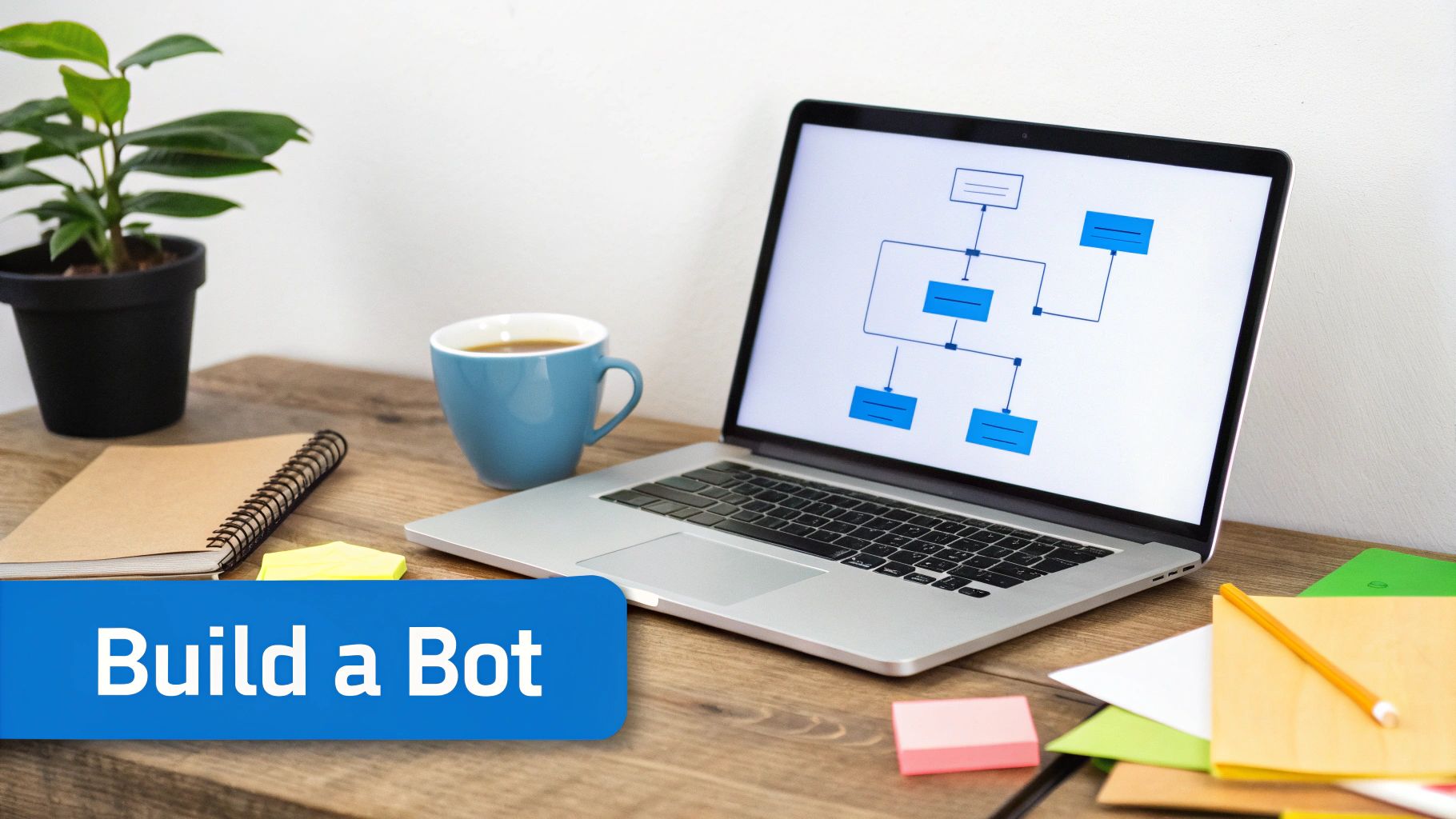 A laptop on a wooden desk with a bot flowchart diagram, coffee, a plant, and a 'Build a Bot' banner.