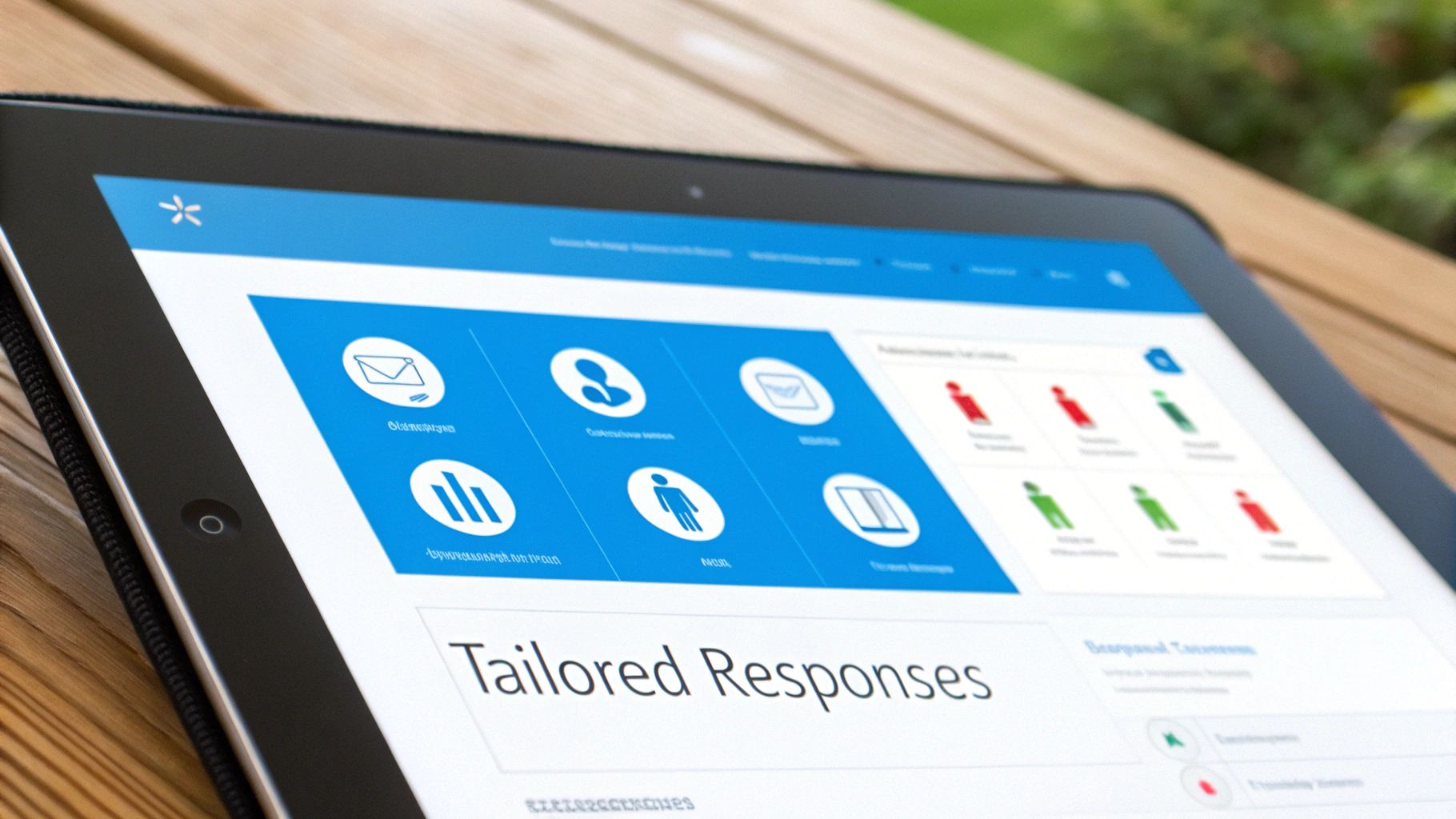 A tablet displaying a professional customer service portal interface with various icons for emails, profiles, and data, showing 'Tailored Responses'.