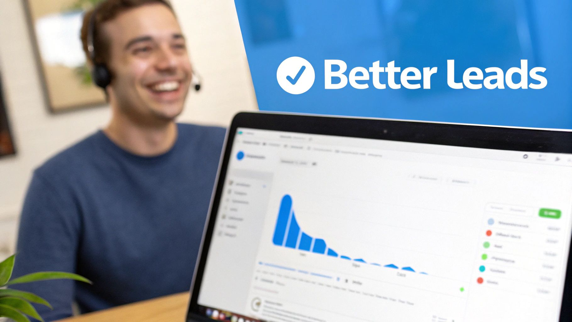 Man with a headset smiles, viewing lead generation performance on a laptop screen.