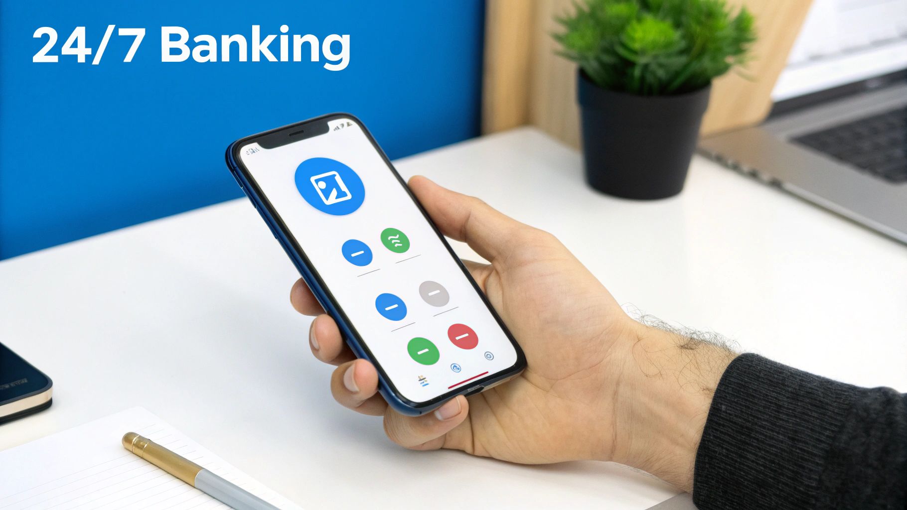 A person interacting with a banking chatbot on a laptop, with icons representing different banking operations like fraud detection and customer service.