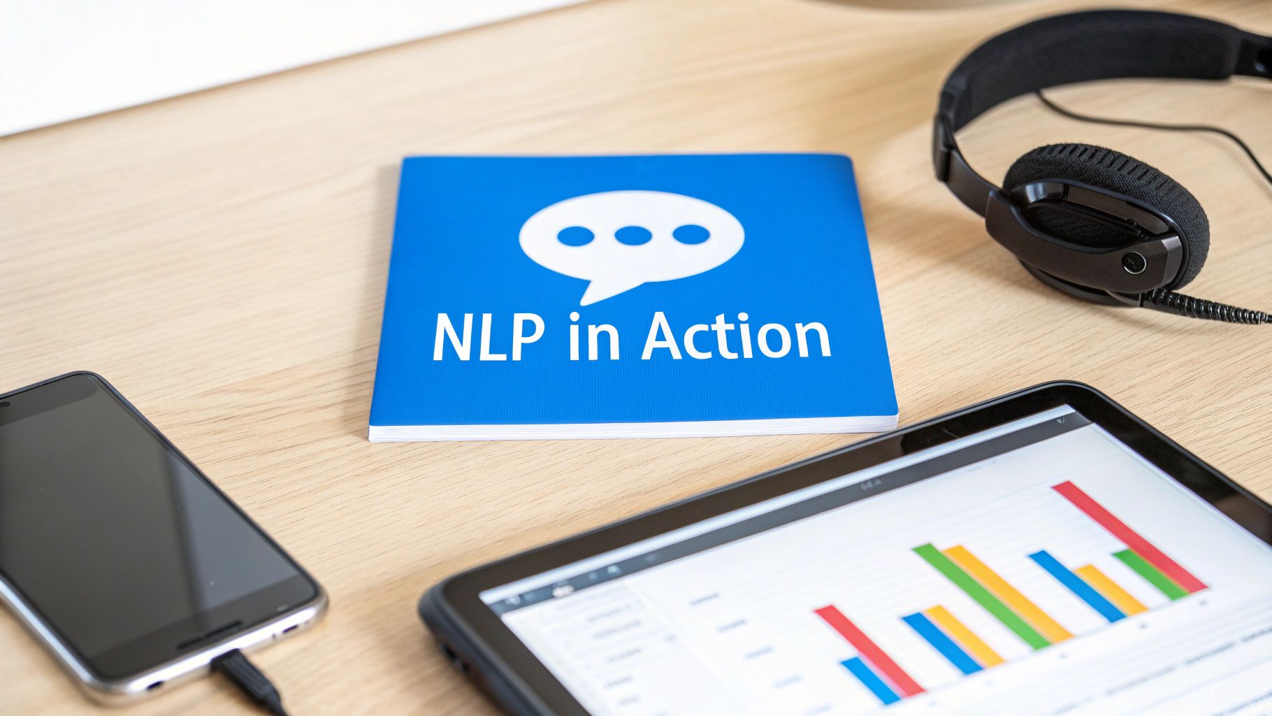 A book titled 'NLP in Action' on a wooden desk with headphones, a smartphone, and a tablet showing a bar chart.