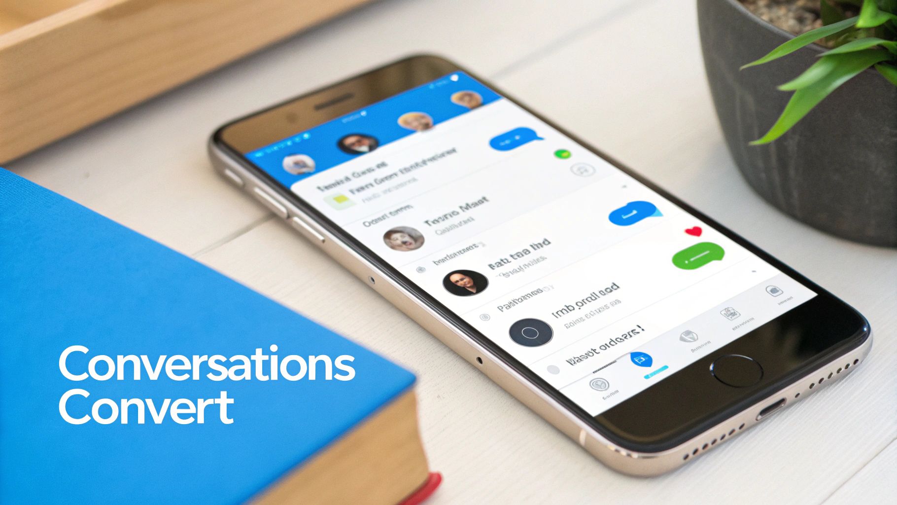 A smartphone displaying a chat app interface next to a blue book on a white table.