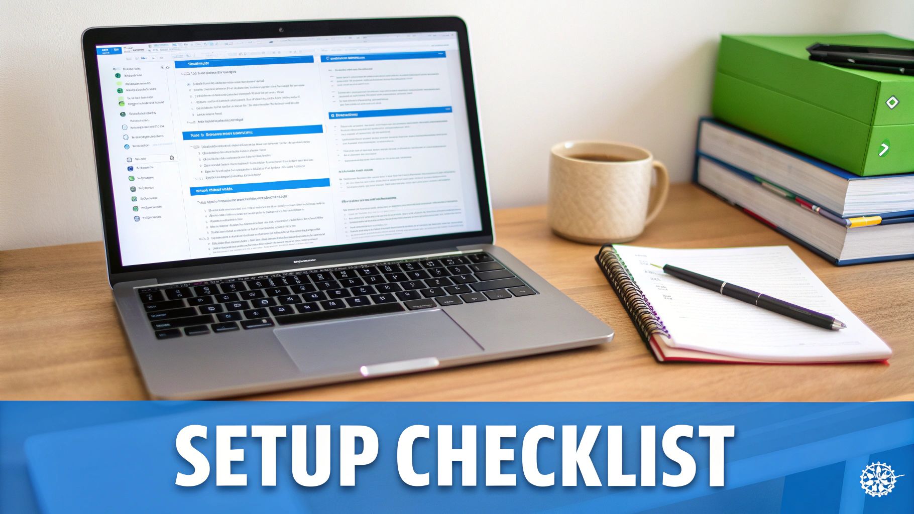 A clean desk setup featuring a laptop displaying a checklist, a coffee mug, and a notebook.