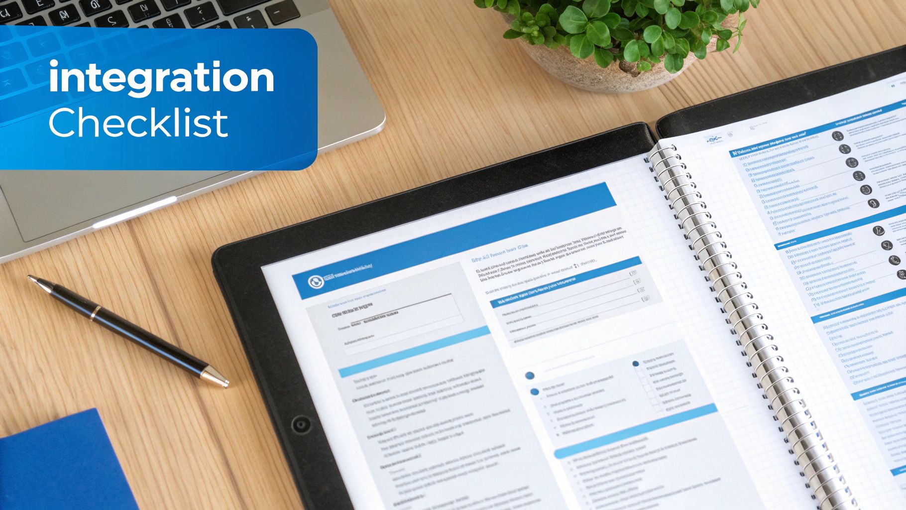 Top-down view of a desk with an 'integration Checklist' document, laptop, pen, and plant.