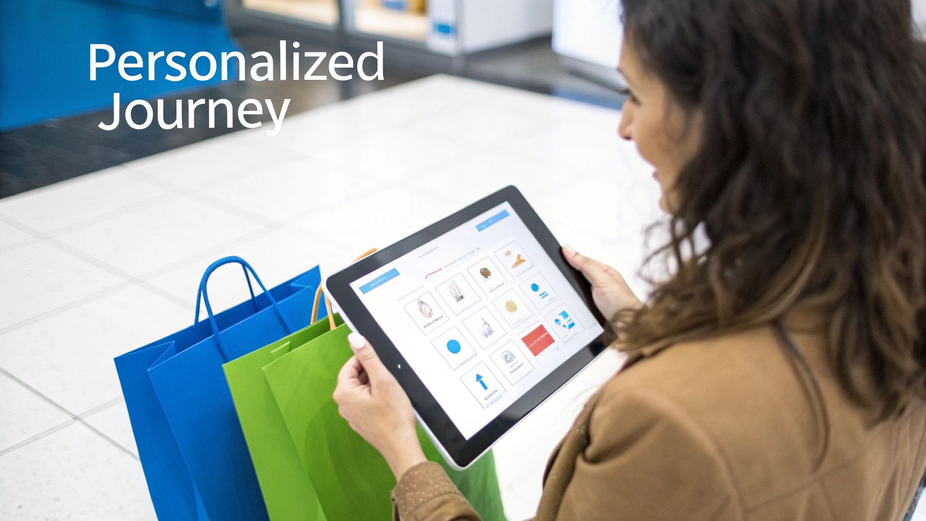 Woman with shopping bags viewing personalized product recommendations on a tablet in a retail store.