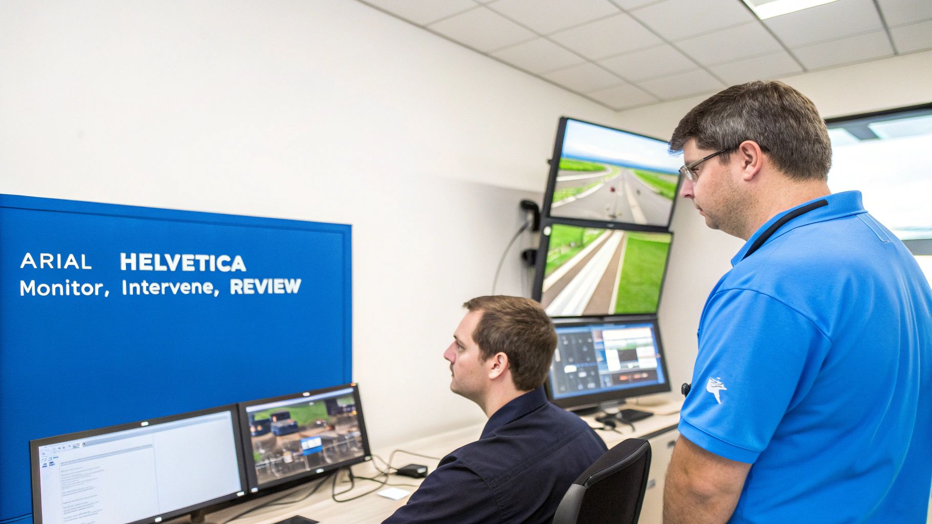 Two men in a control room actively monitor screens, with "Monitor, Intervene, REVIEW" on display.