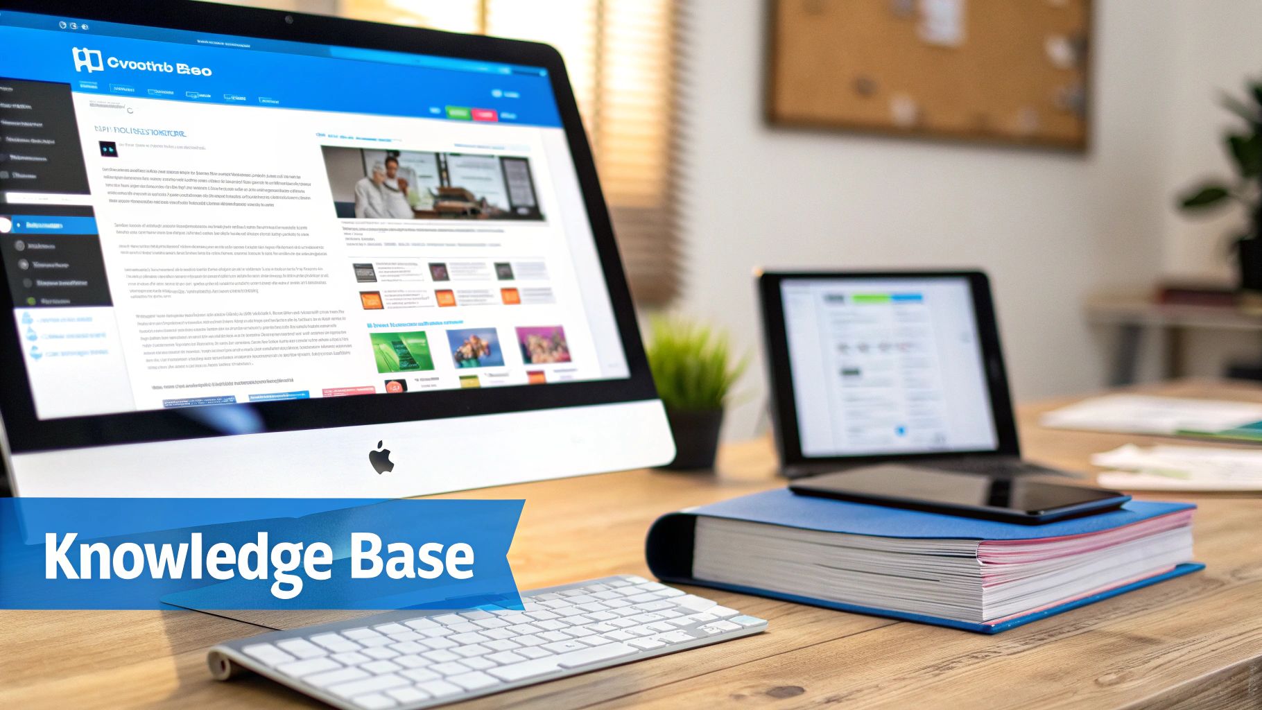 Workspace with a computer showing a knowledge base, keyboard,tablet, and blue binder.