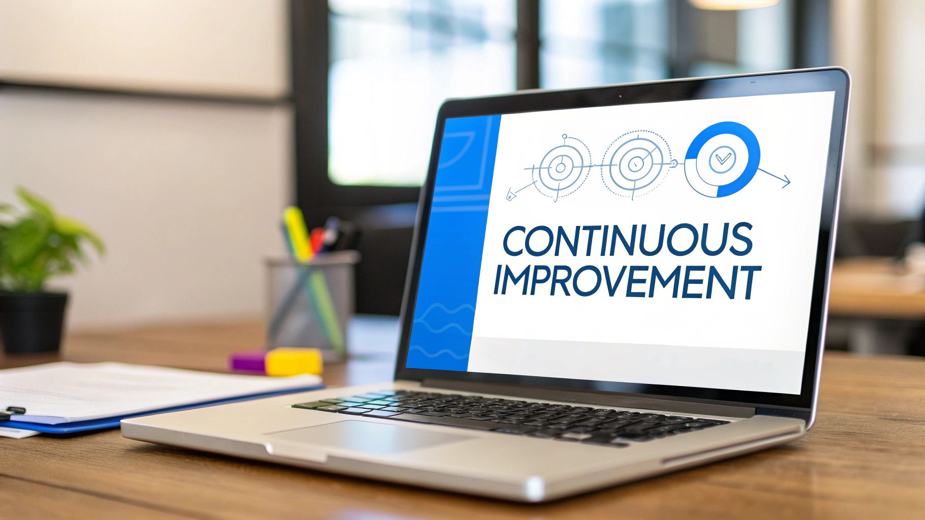 A laptop screen displaying 'Continuous Improvement' with a process flow diagram on a wooden desk.