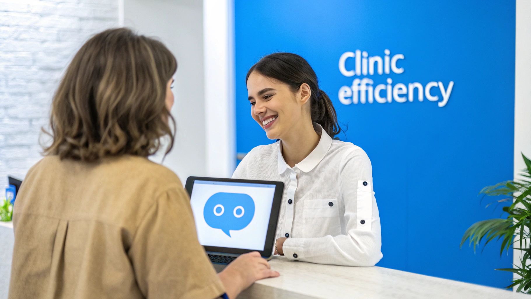 Two women at a clinic reception desk, one smiling while showing a tablet with a chatbot logo.