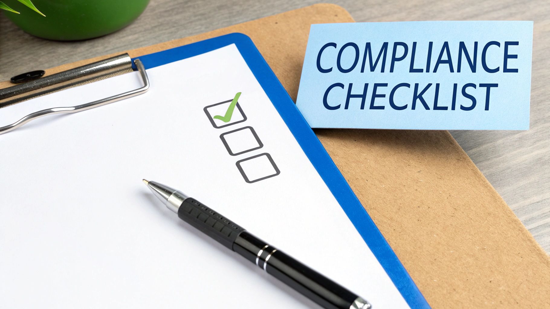 A close-up of a compliance checklist on a clipboard with a pen and a green checkmark.