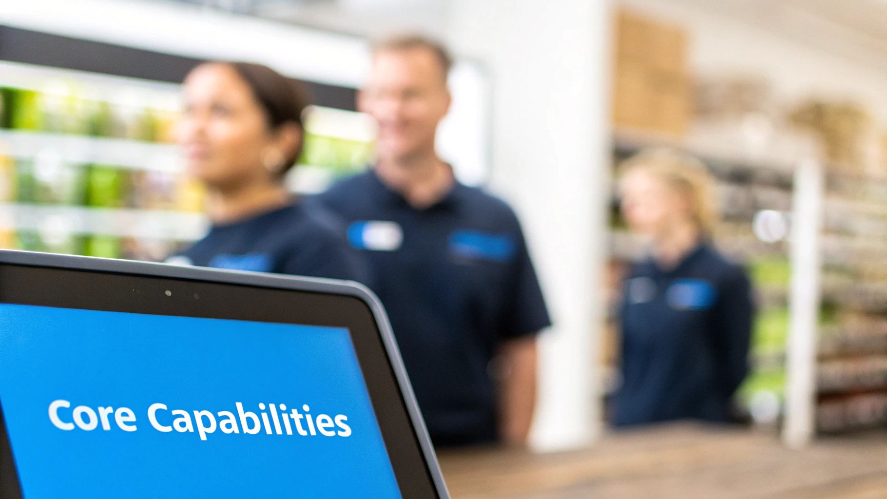 A laptop screen displays 'Core Capabilities' with blurred retail employees in the background.