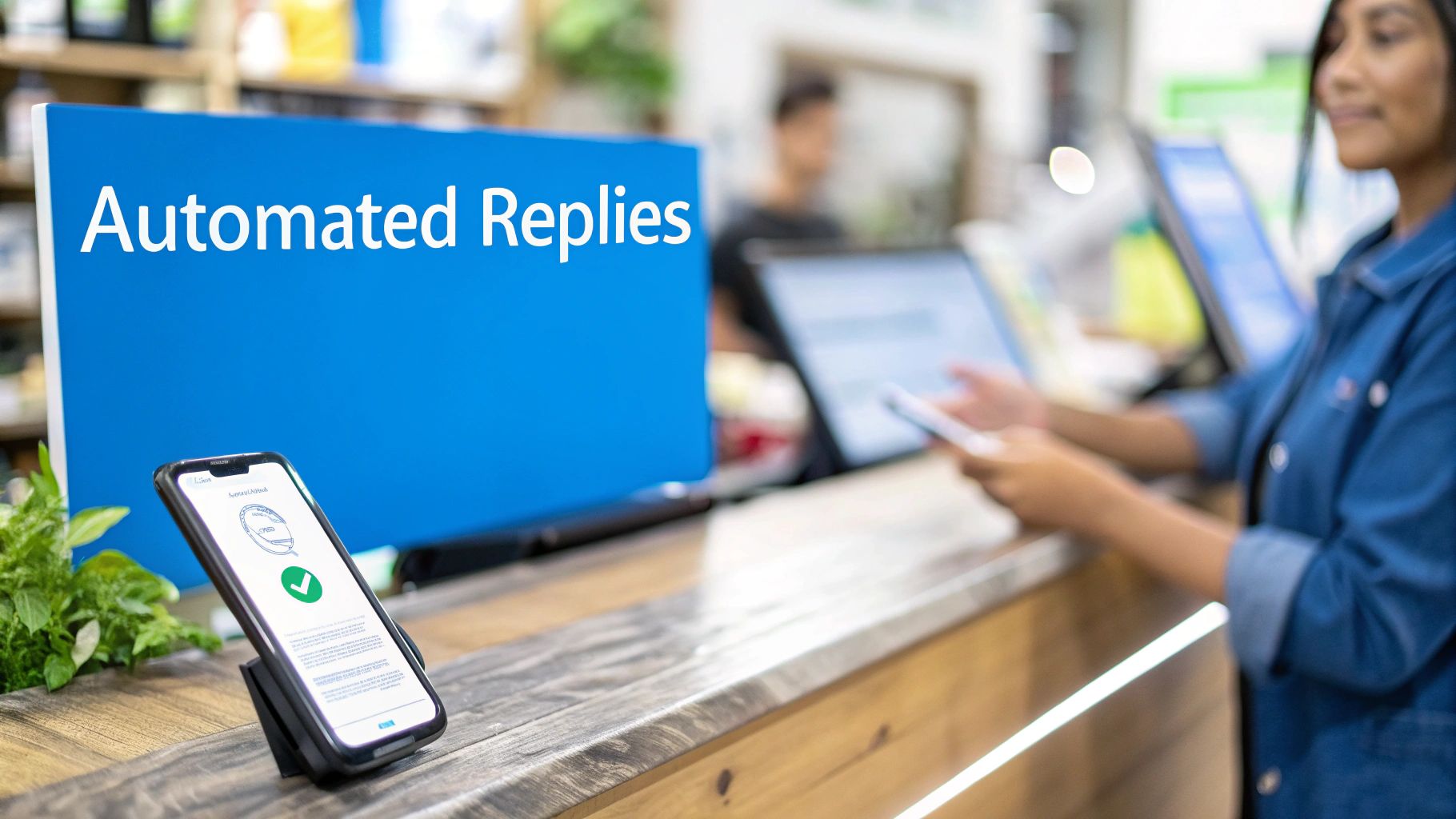 A smartphone on a stand displays a success message next to a blue sign reading 'Automated Replies'.