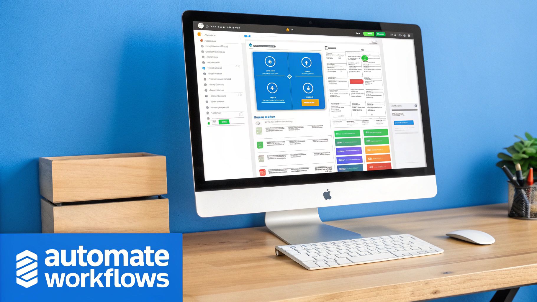 An Apple iMac on a wooden desk displaying a comprehensive workflow automation software interface.