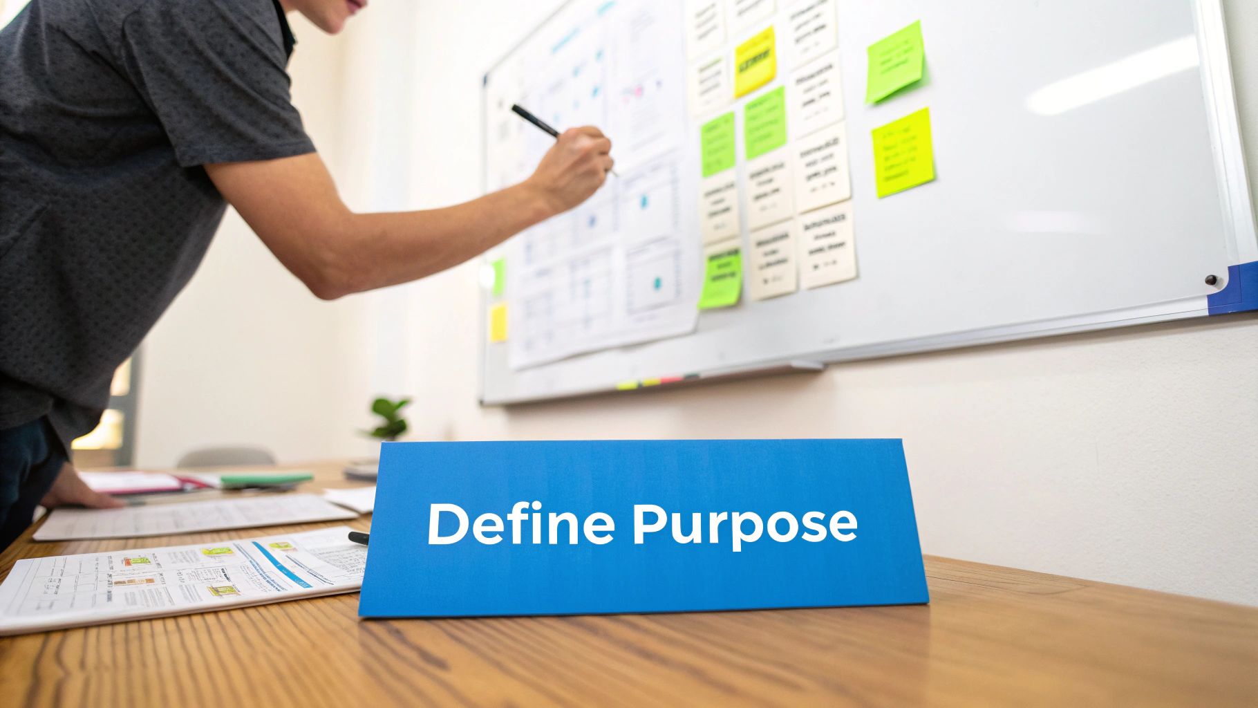 A person writing on a whiteboard with diagrams and sticky notes, next to a 'Define Purpose' sign.
