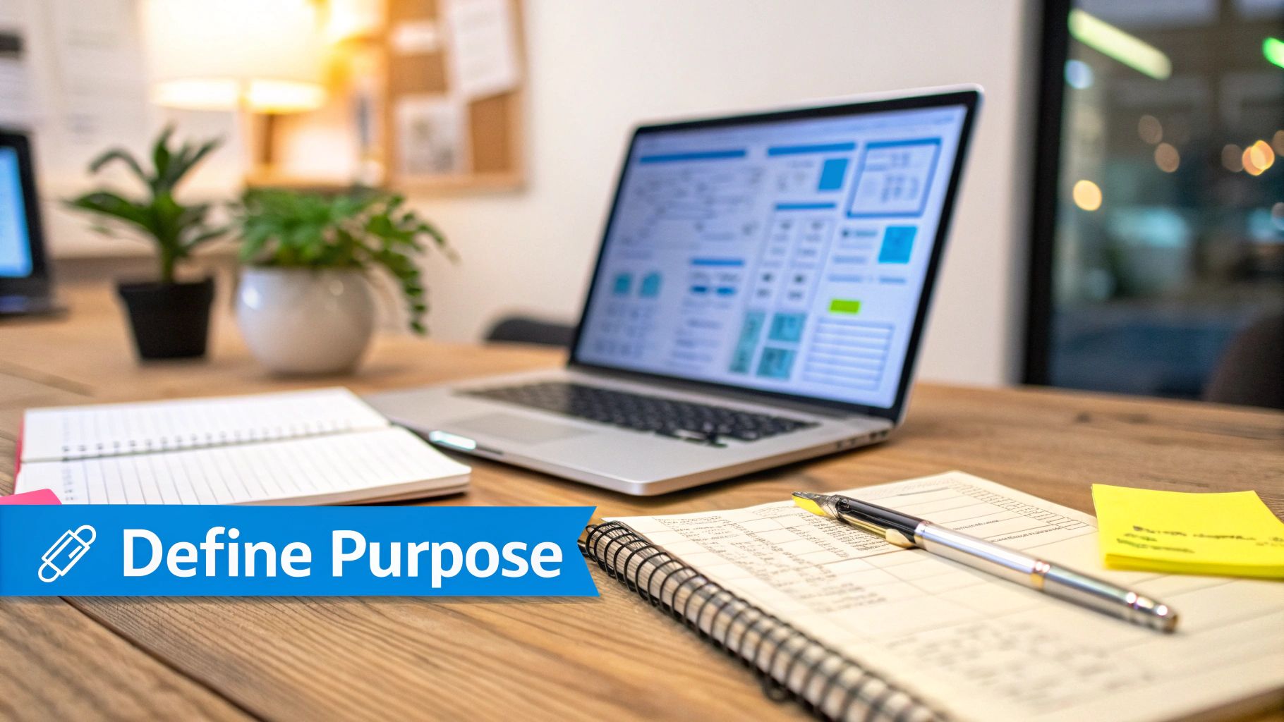 A clean desk with a laptop displaying data, open notebooks, a pen, and two potted plants.