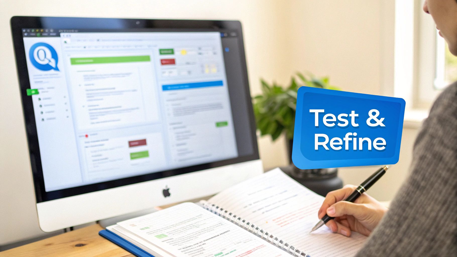 A person tests and refines an AI chatbot on a computer while taking notes in a spiral notebook.