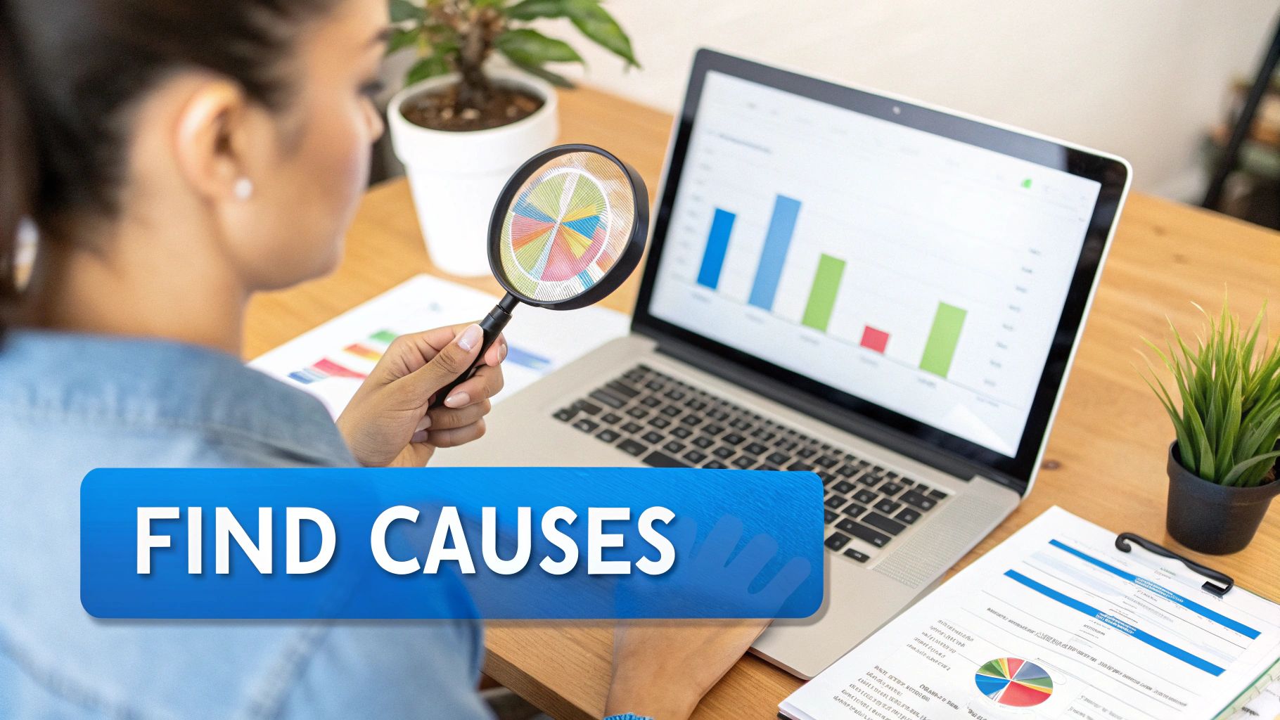 A person analyzes charts on a laptop and a document with a magnifying glass, with text 'FIND CAUSES'.
