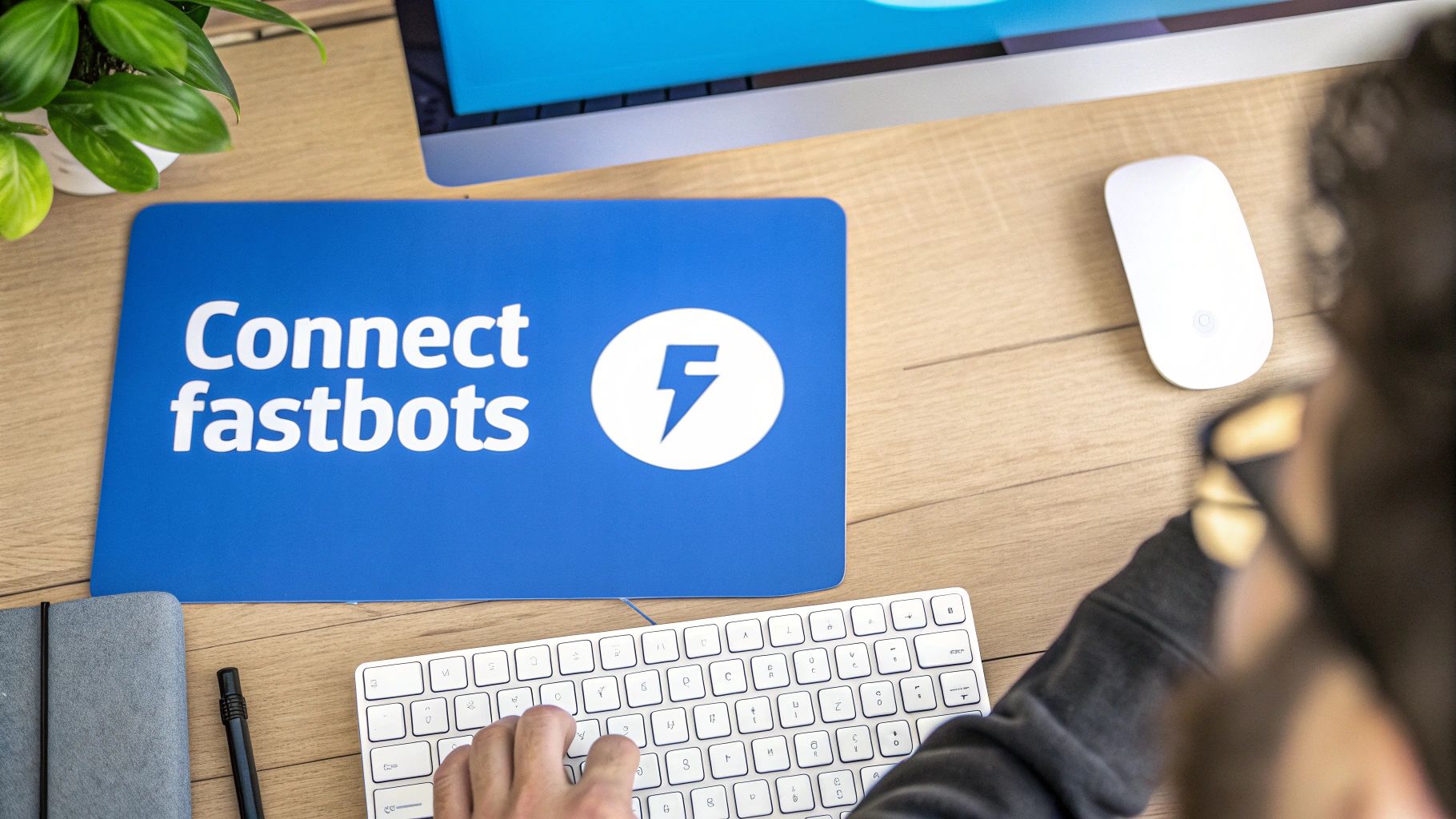 A person types on a keyboard at a wooden desk, next to a 'Connect fastbots' mousepad.