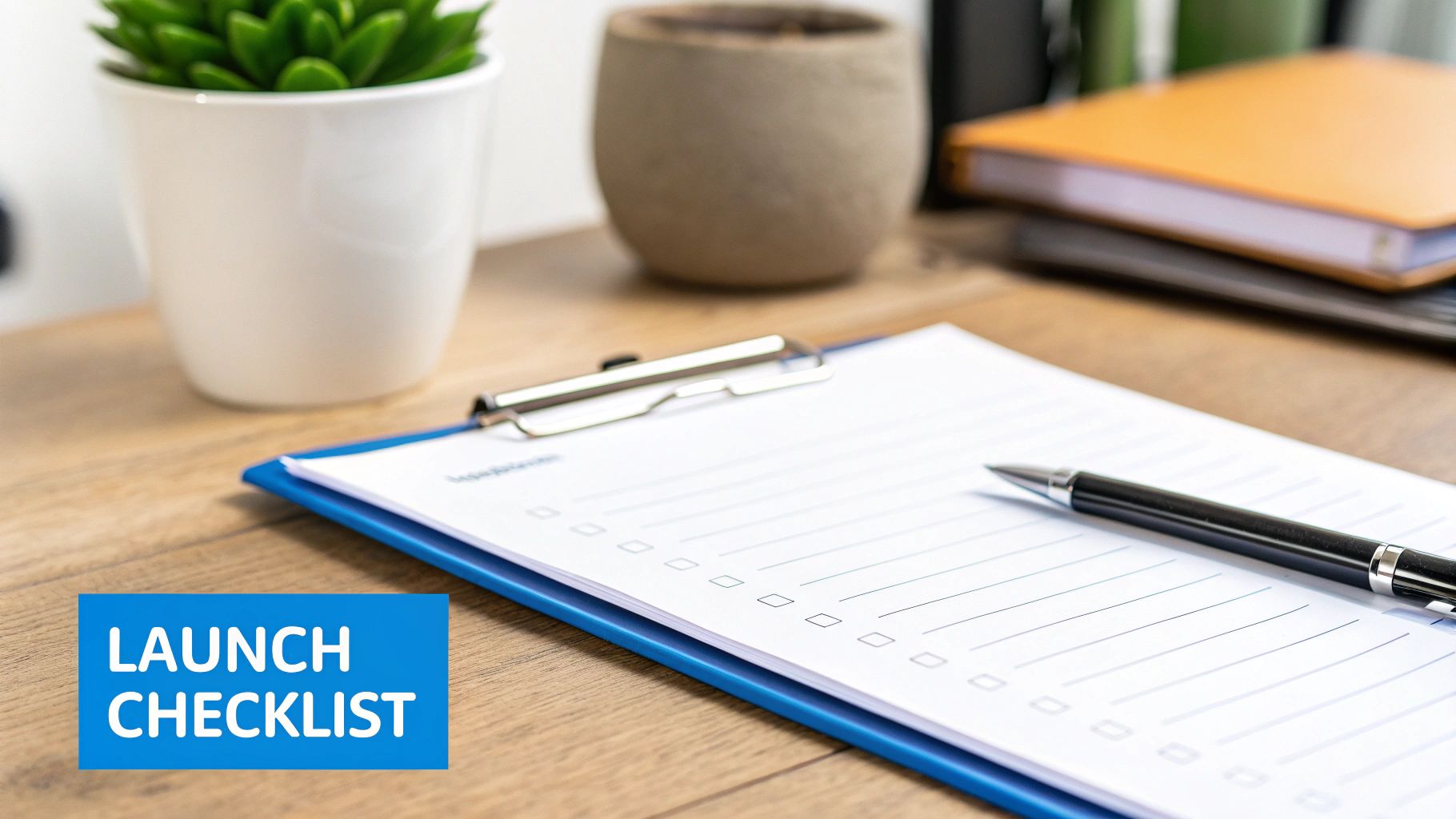A launch checklist on a clipboard with a pen, potted plants, and folders on a wooden desk.