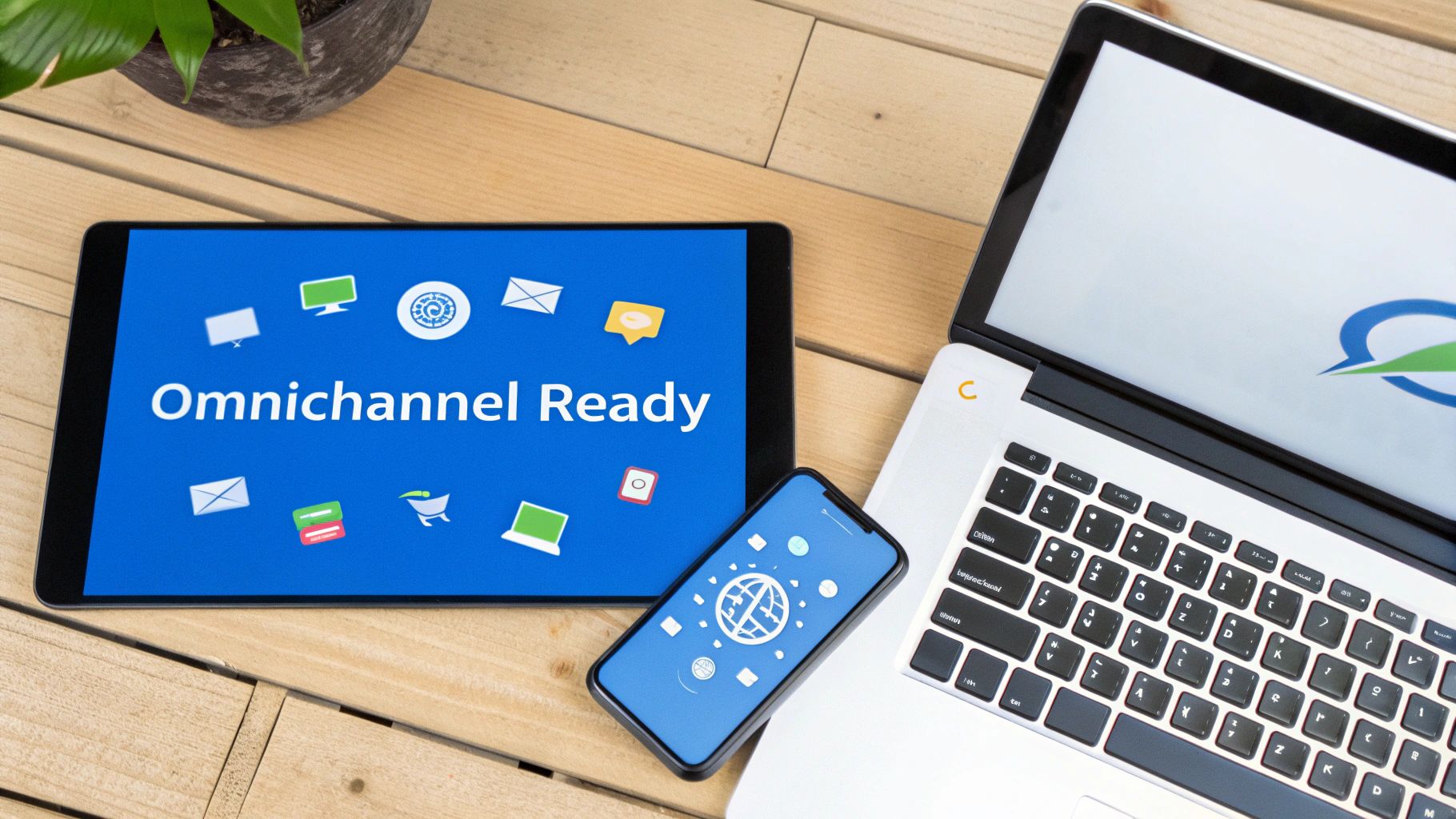 Tablet, smartphone, and laptop on a wooden table, displaying 'Omnichannel Ready' and various icons.