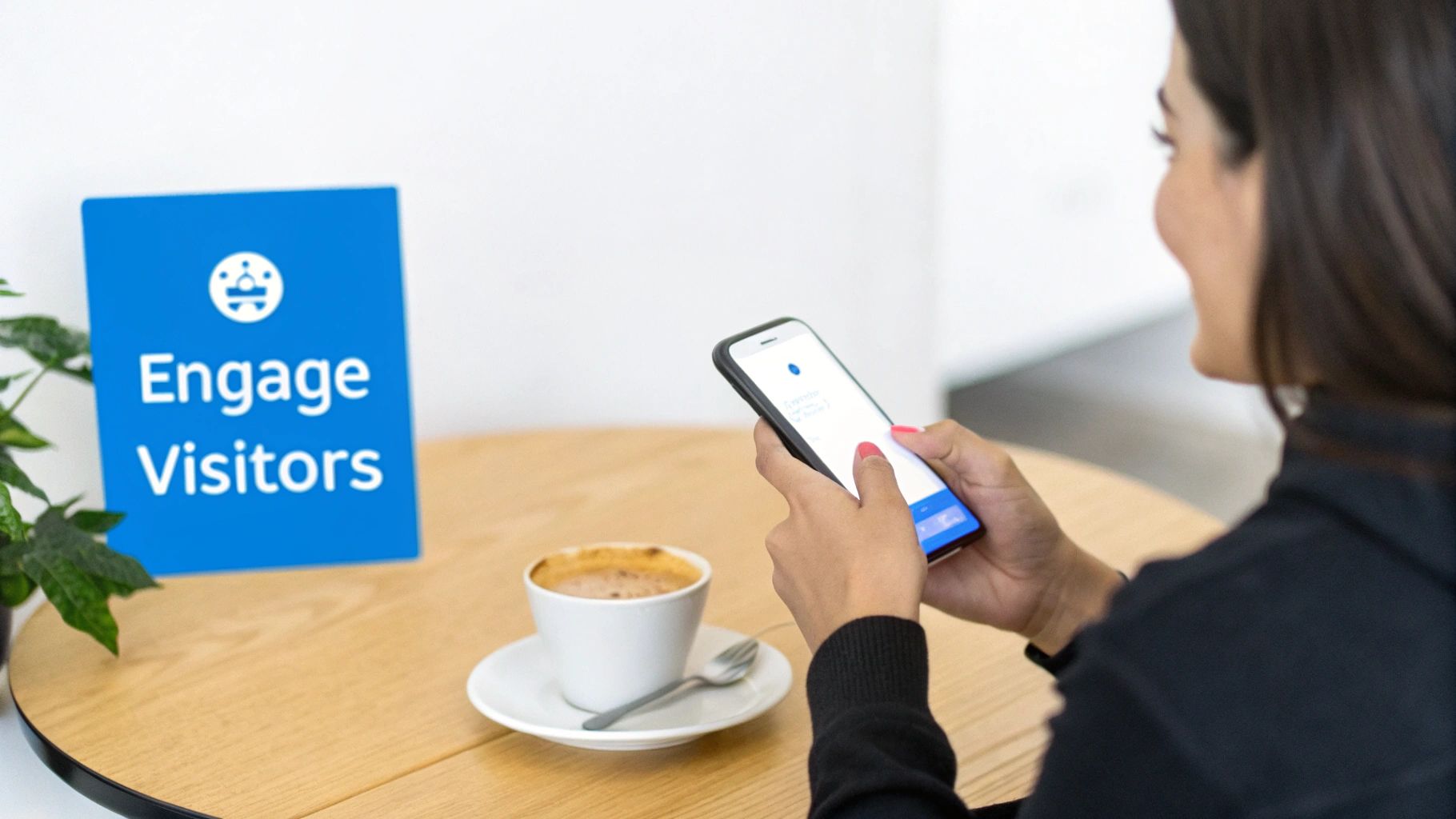 A woman uses her smartphone at a table with coffee next to a sign saying 'Engage Visitors'.