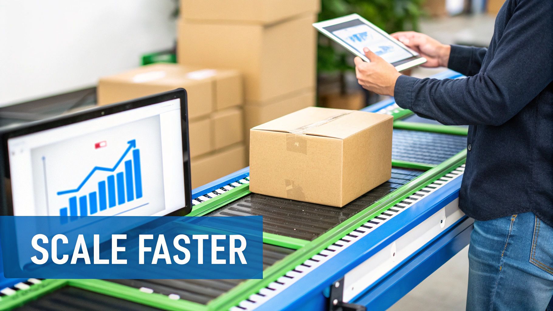 A person monitors a package on a conveyor belt, a laptop shows growth, and text reads "SCALE FASTER".