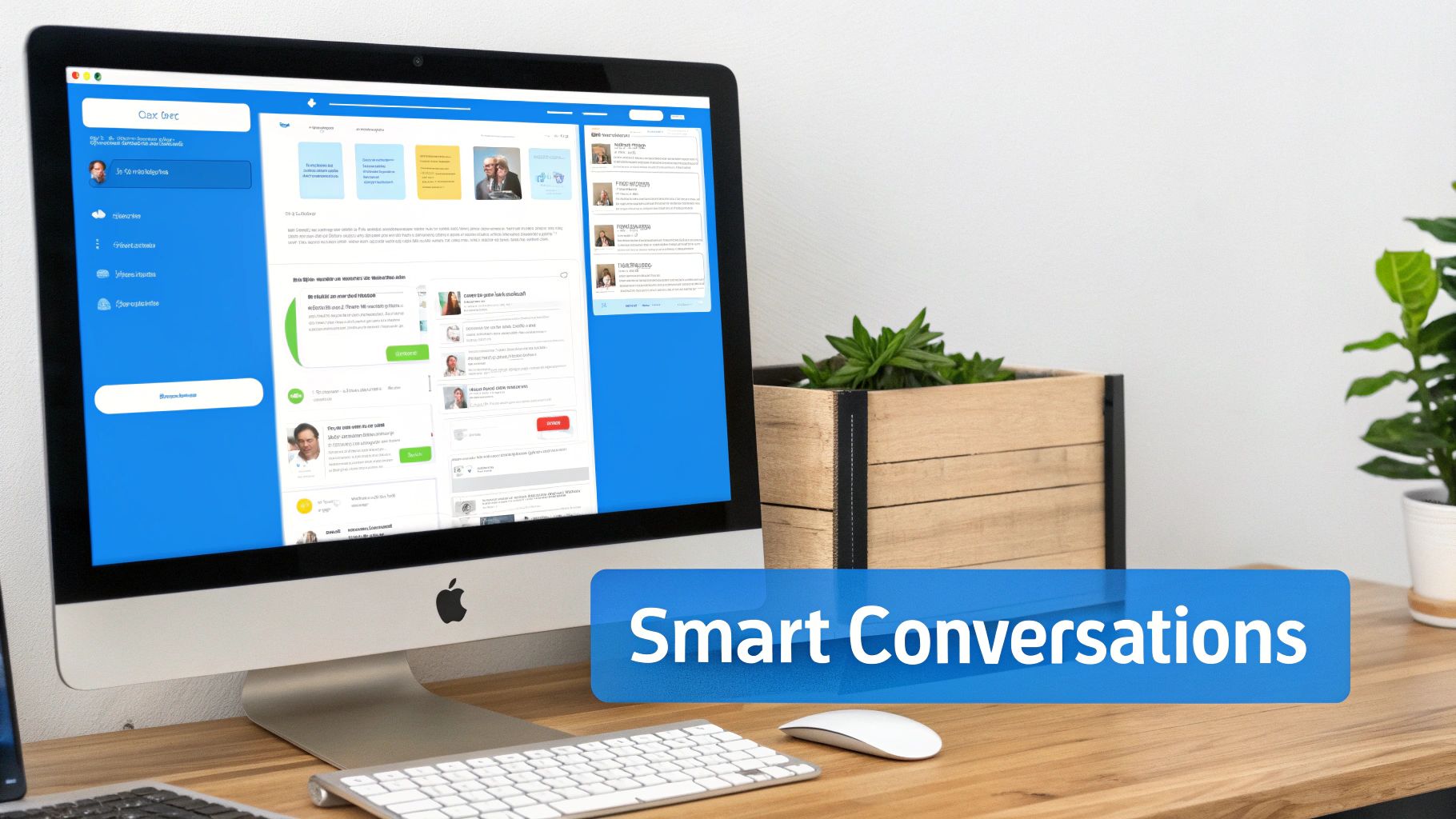 Desktop computer displaying a communication application with a 'Smart Conversations' banner on a wooden desk.