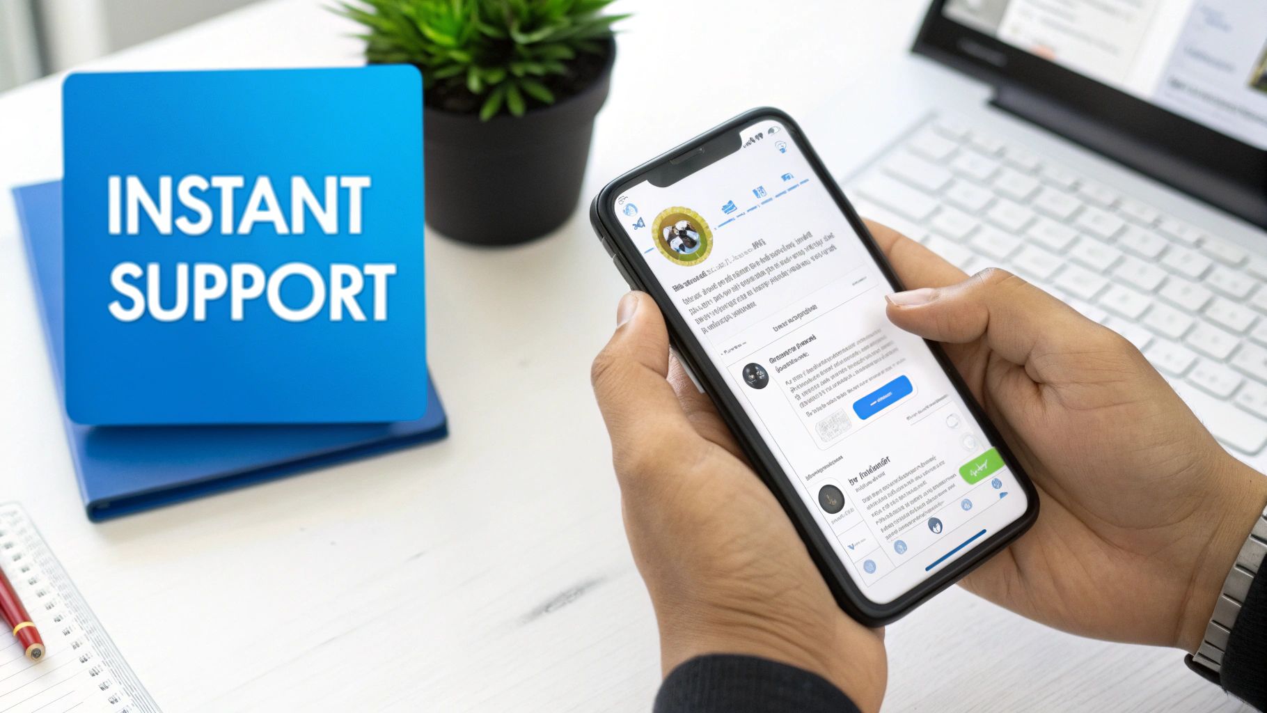 A person using a smartphone to interact with an Instagram chat bot, with conversation bubbles appearing on the screen.