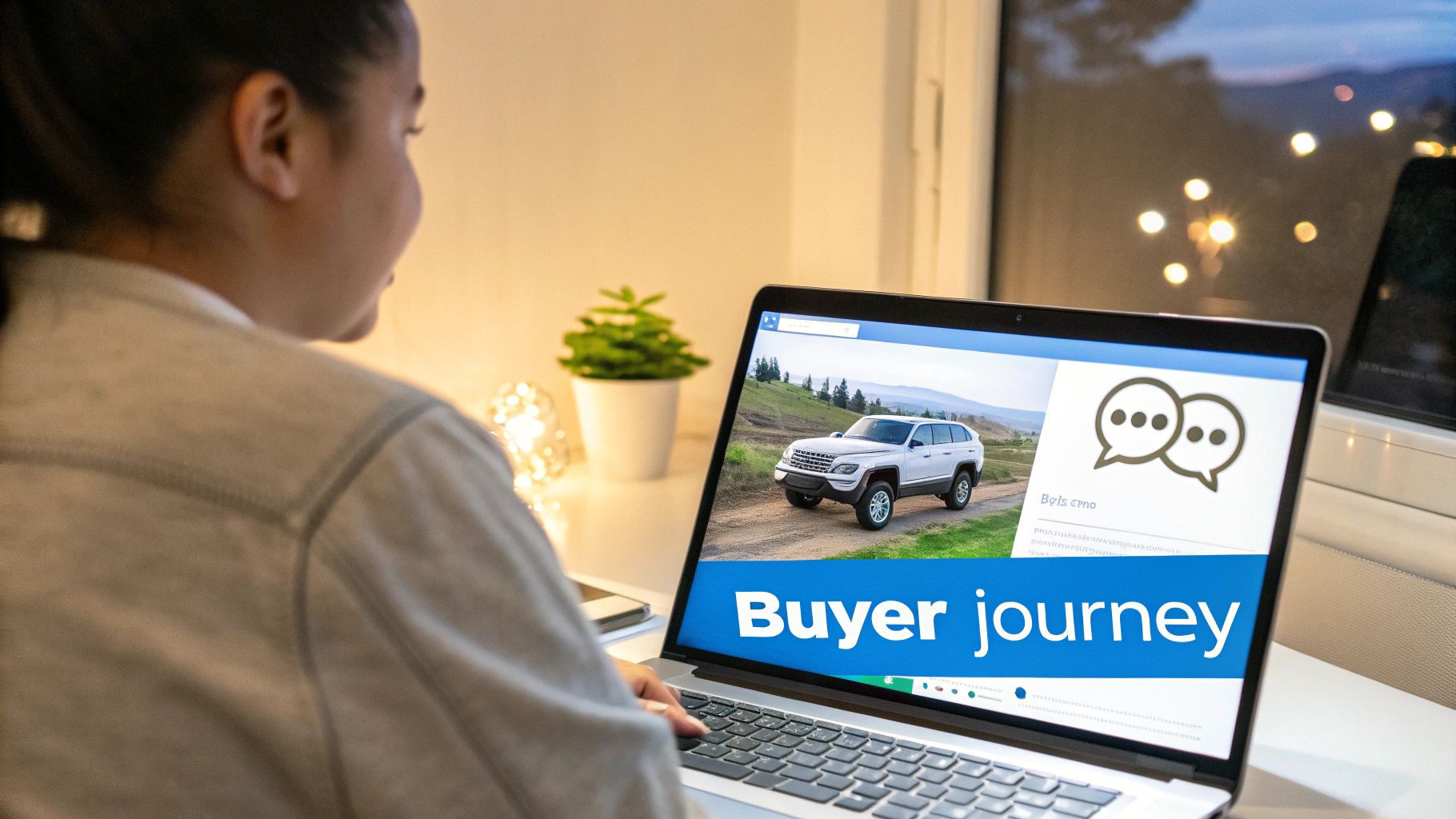 A person views a laptop screen showing a white SUV, chat bubbles, and 'Buyer journey' text.