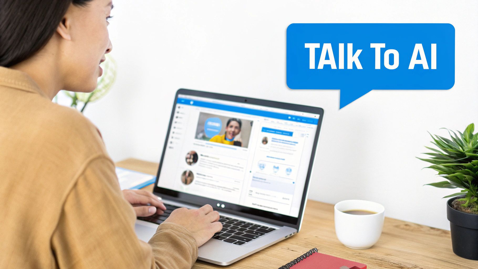 A woman types on a laptop with a 'TAIk To AI' speech bubble, coffee, and plant.