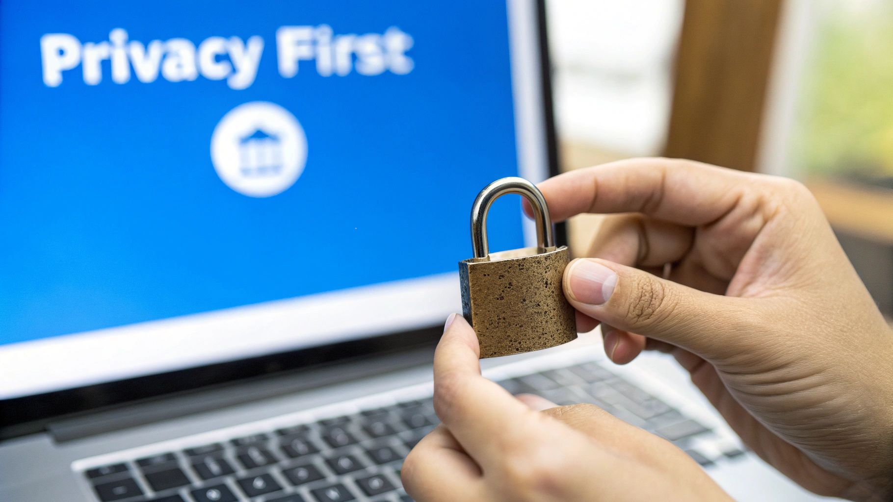 A person holds a brass padlock in front of a laptop screen displaying 'Privacy First' text and an icon, symbolizing digital security.