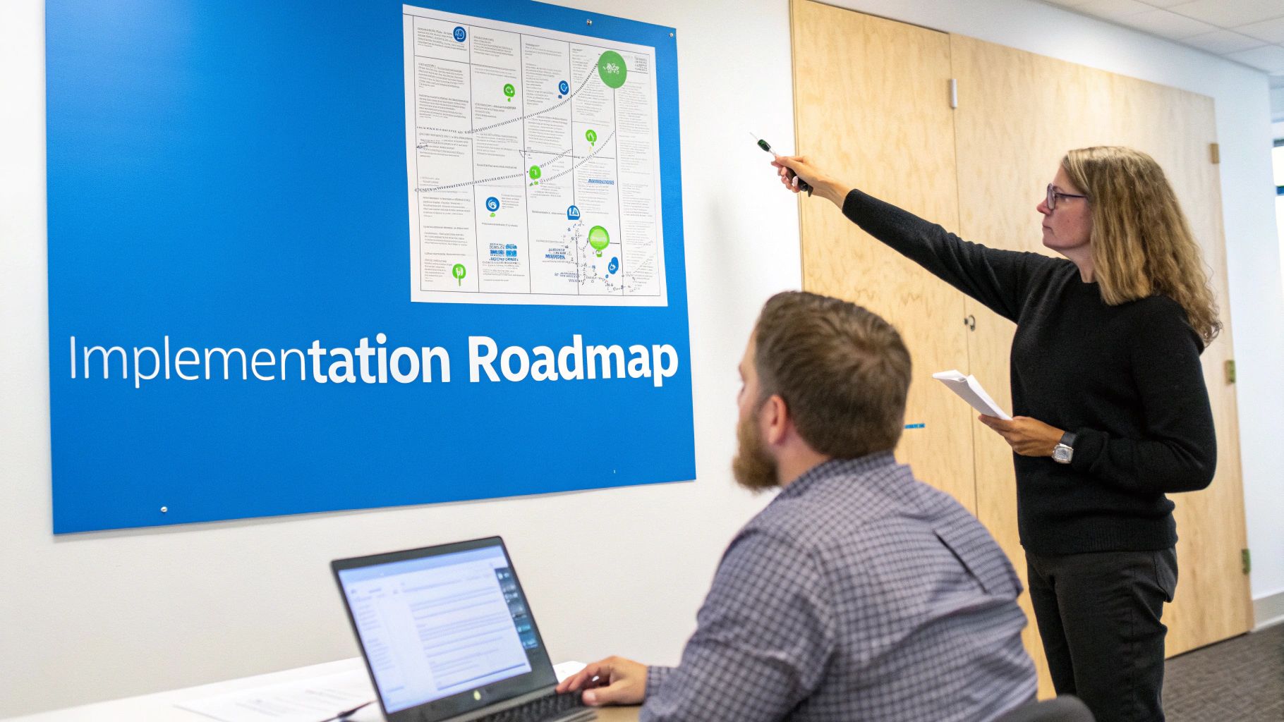 A professional woman points to an 'Implementation Roadmap' chart for a male colleague.