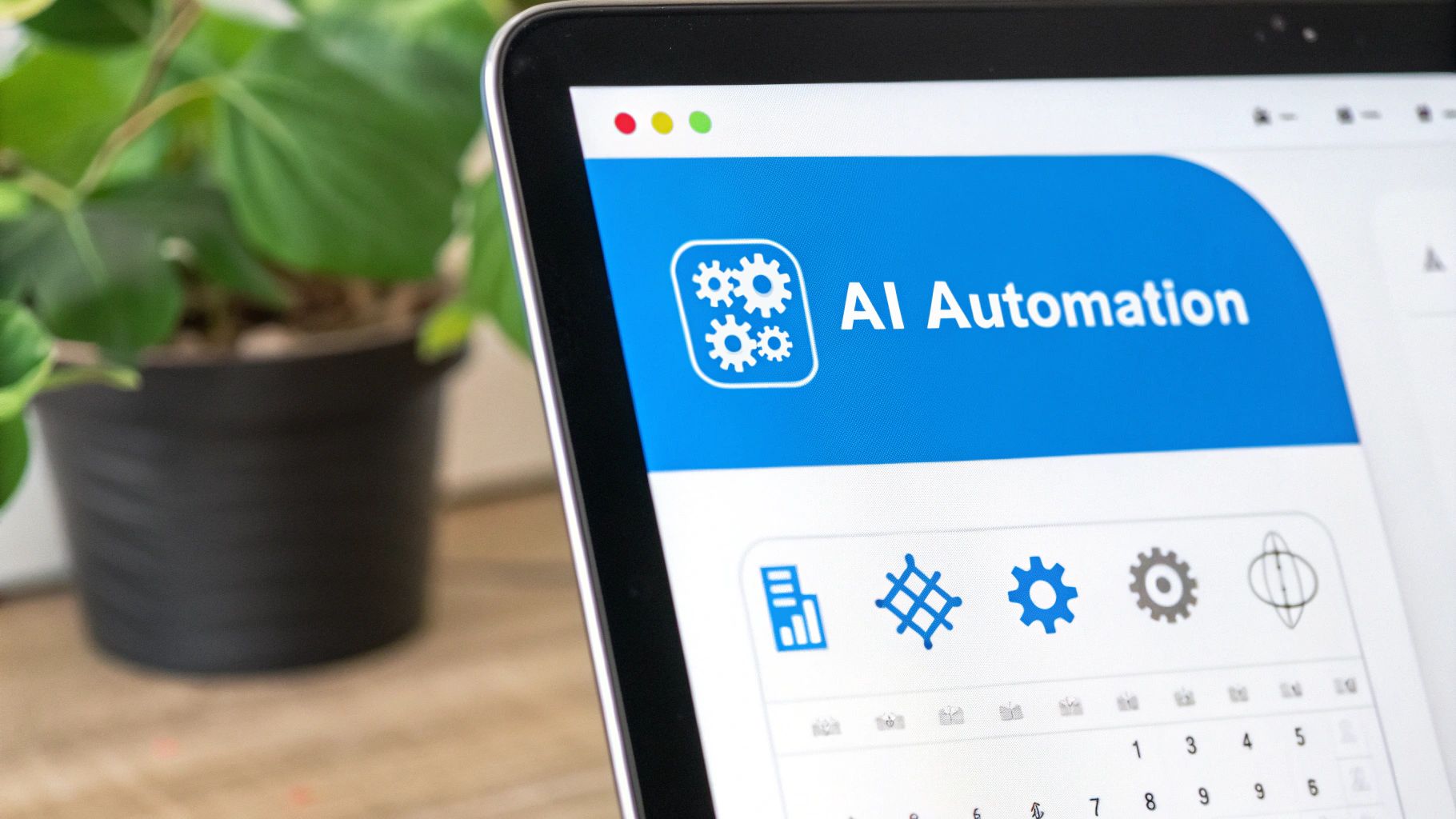 A laptop screen displaying 'AI Automation' with gear icons, symbolizing intelligent technology and processes.