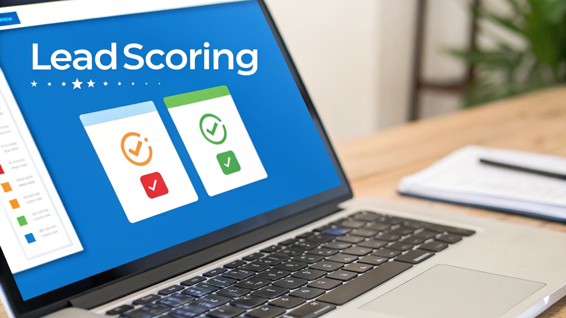 A laptop screen displays 'Lead Scoring' with star ratings and two cards showing checkmarks, indicating lead qualification.