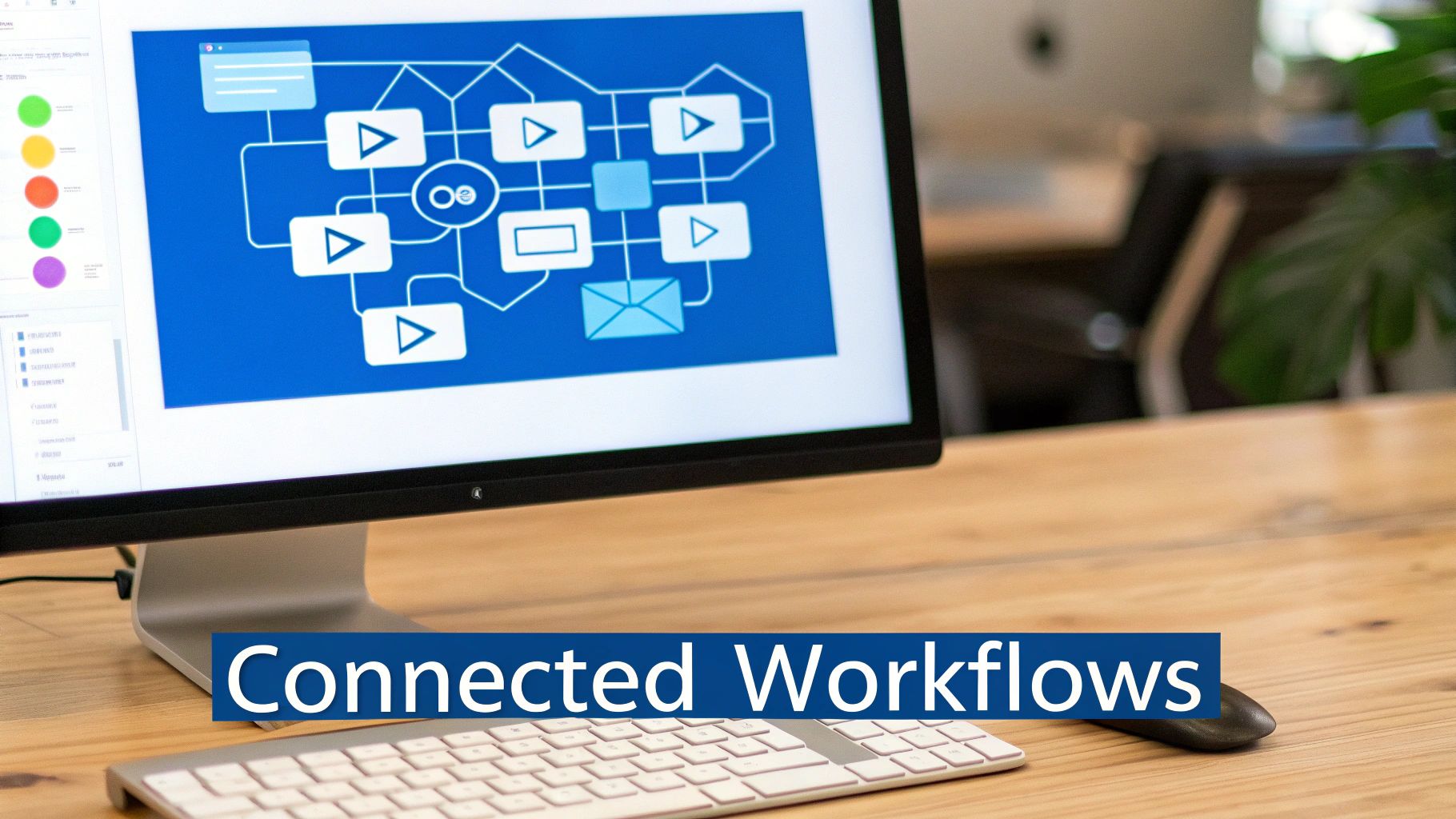 An image showing various app logos like HubSpot, Salesforce, and Slack connected to a central chatbot icon, illustrating integration.