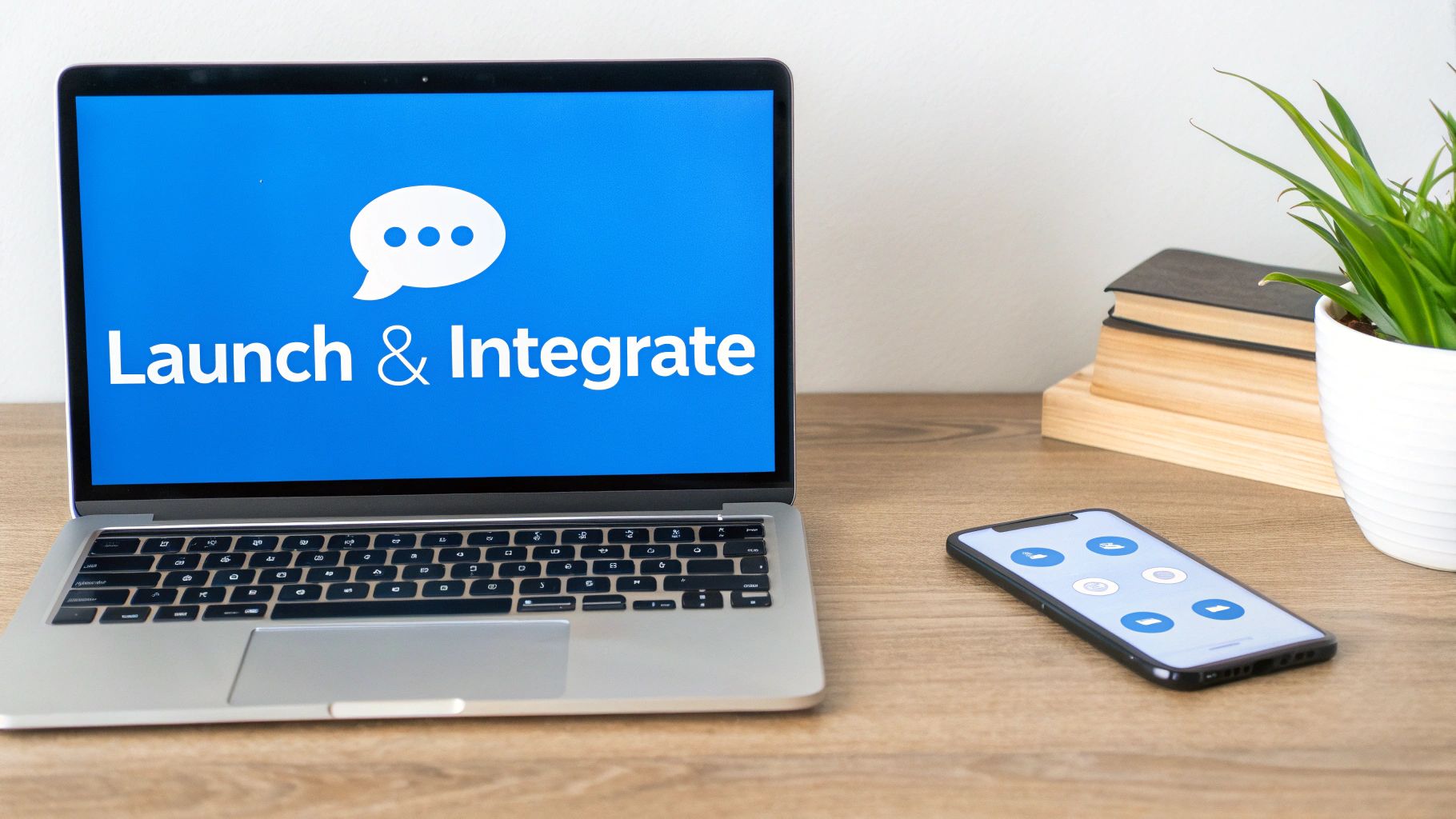 A chatbot icon being placed onto a website and social media platforms, symbolizing deployment.